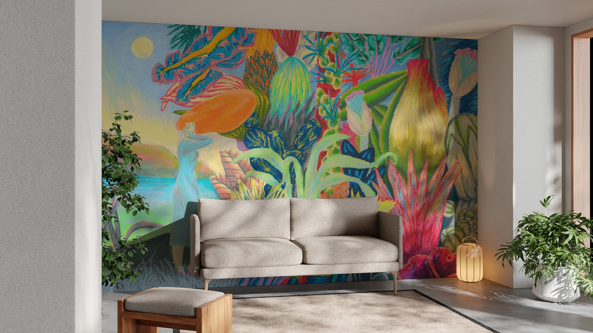 Fantasy landscape wallpaper with lush botanical elements
