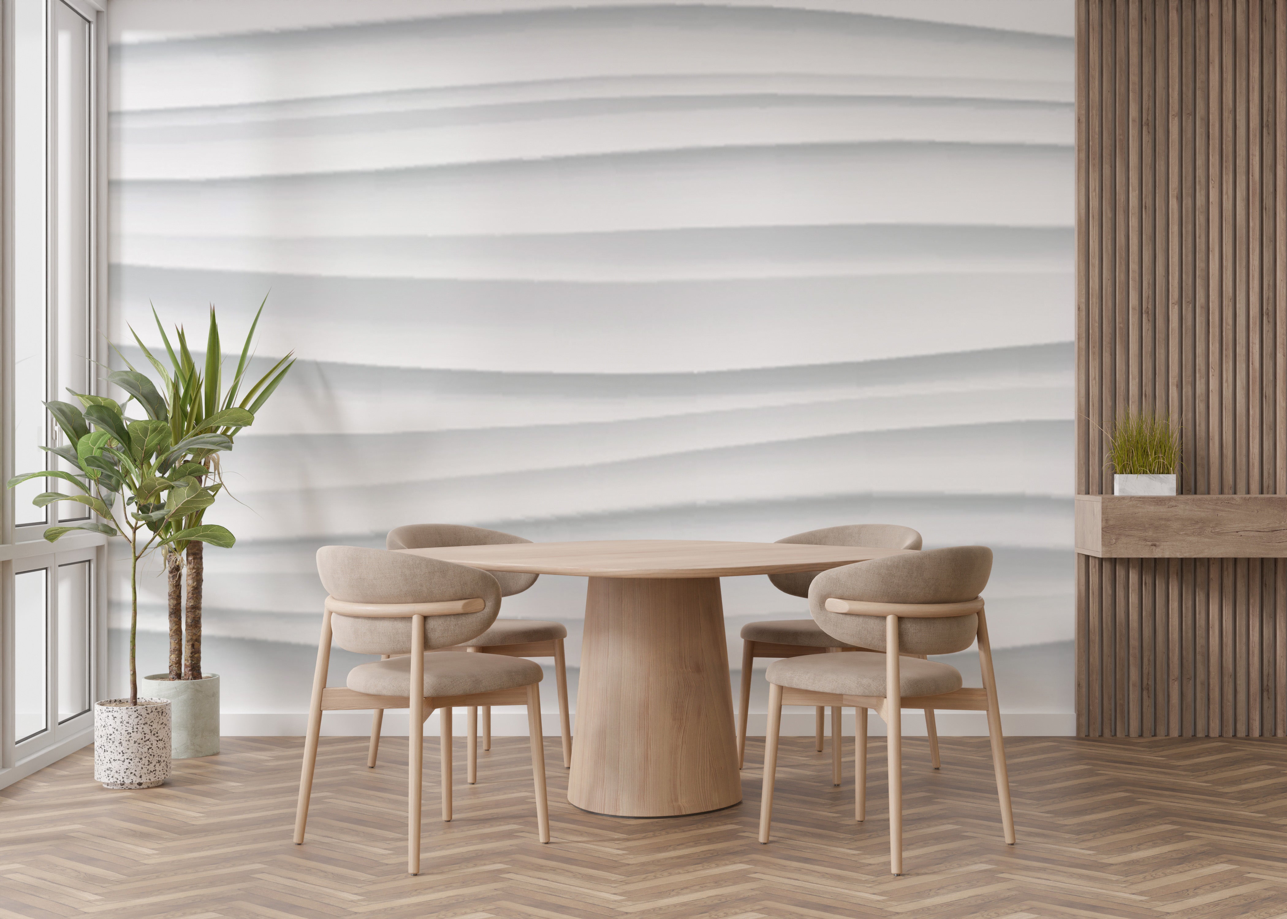 Artistic abstract white wave design mural
