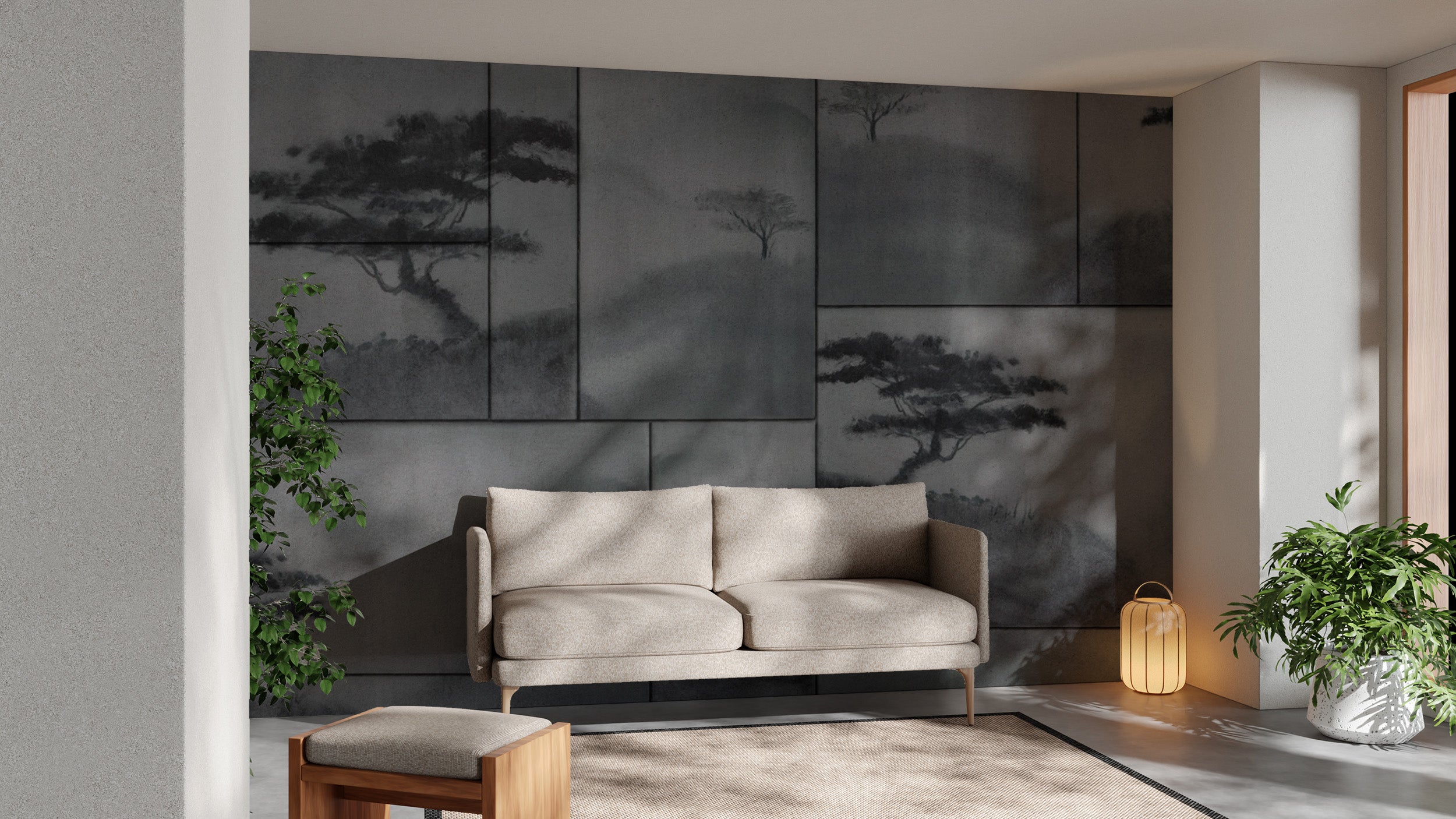 Japanese ink painting mural with misty mountains
