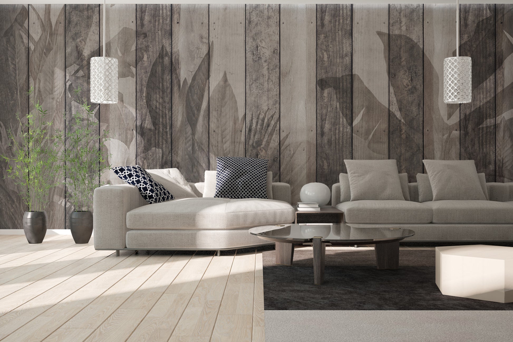 Wooden panel wallpaper with botanical and vintage textures
