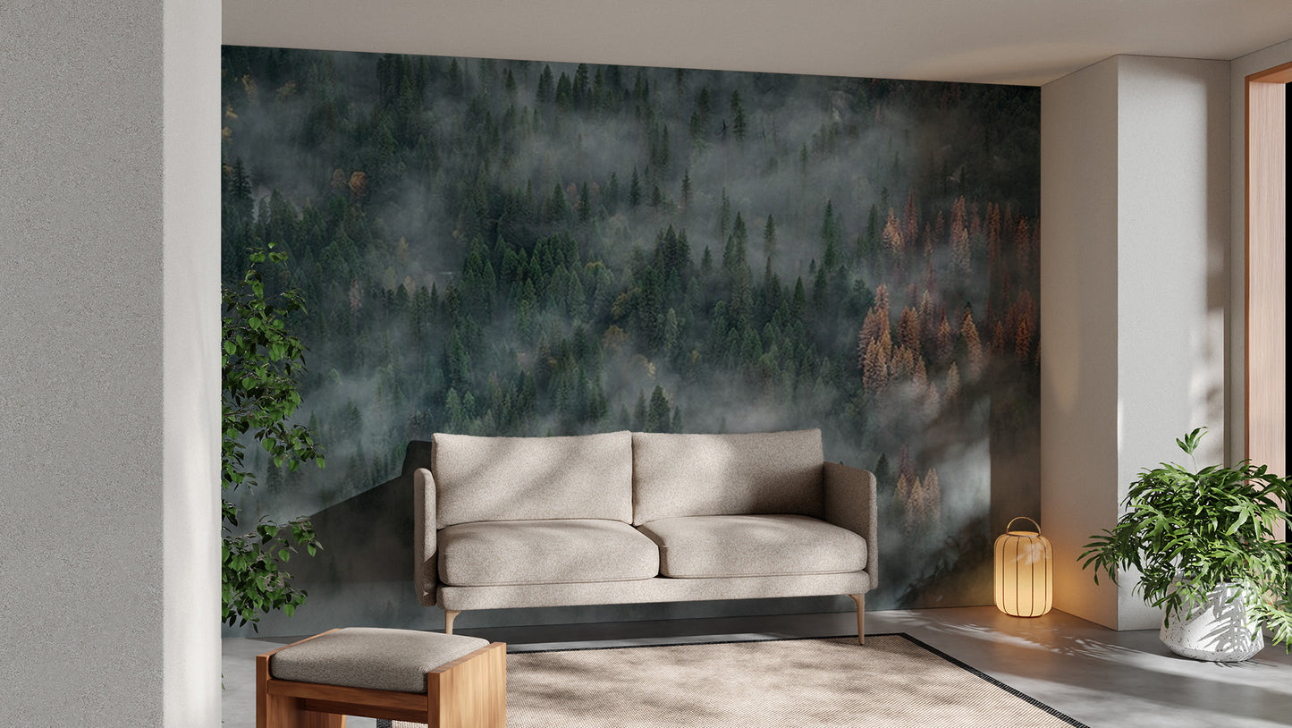 Misty pine forest mural for calming spaces
