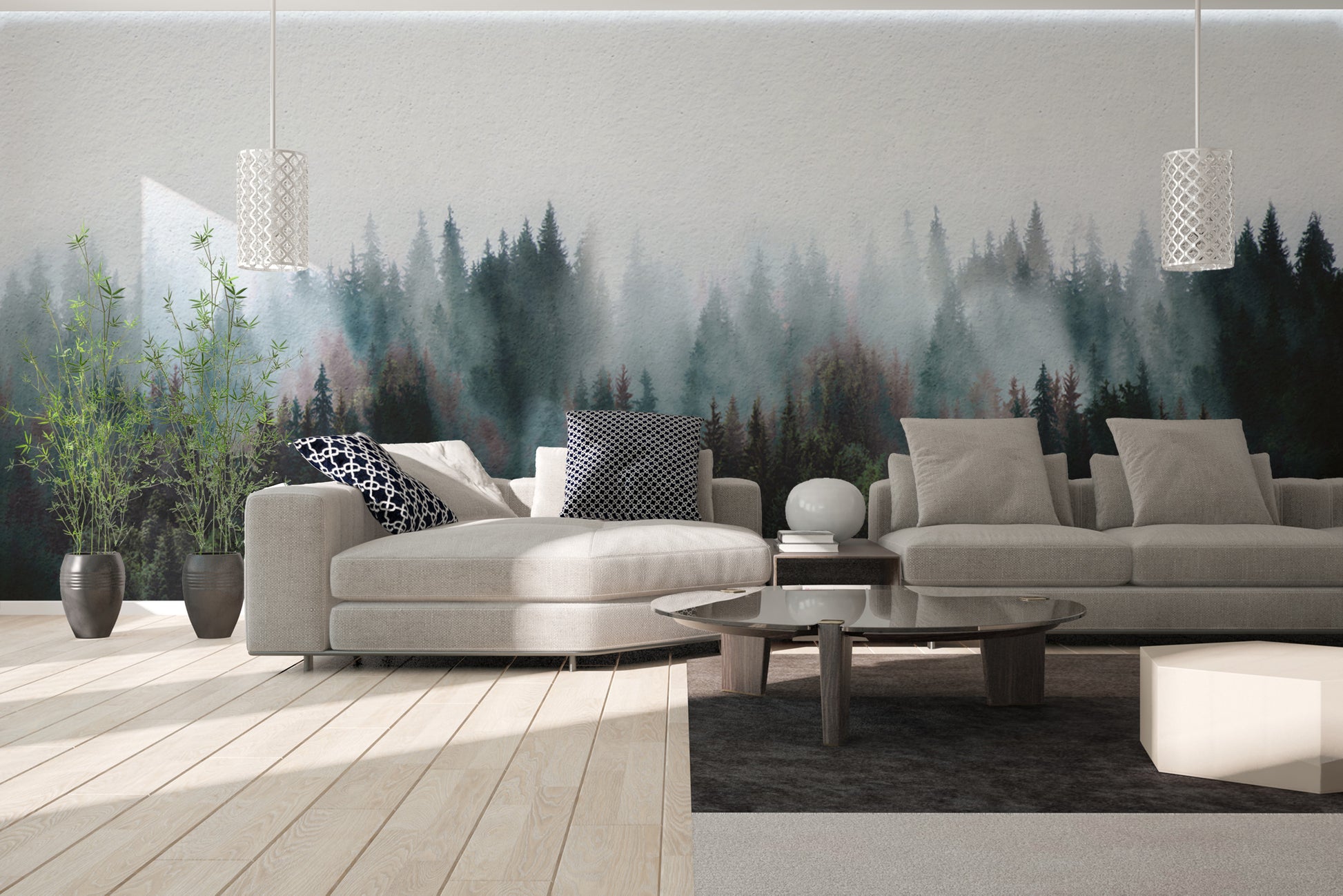 Serene nature wall mural with misty trees
