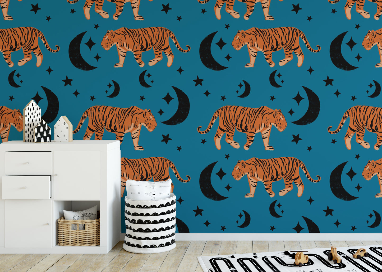 Tiger Moon Blue Kids Room Wallpaper design