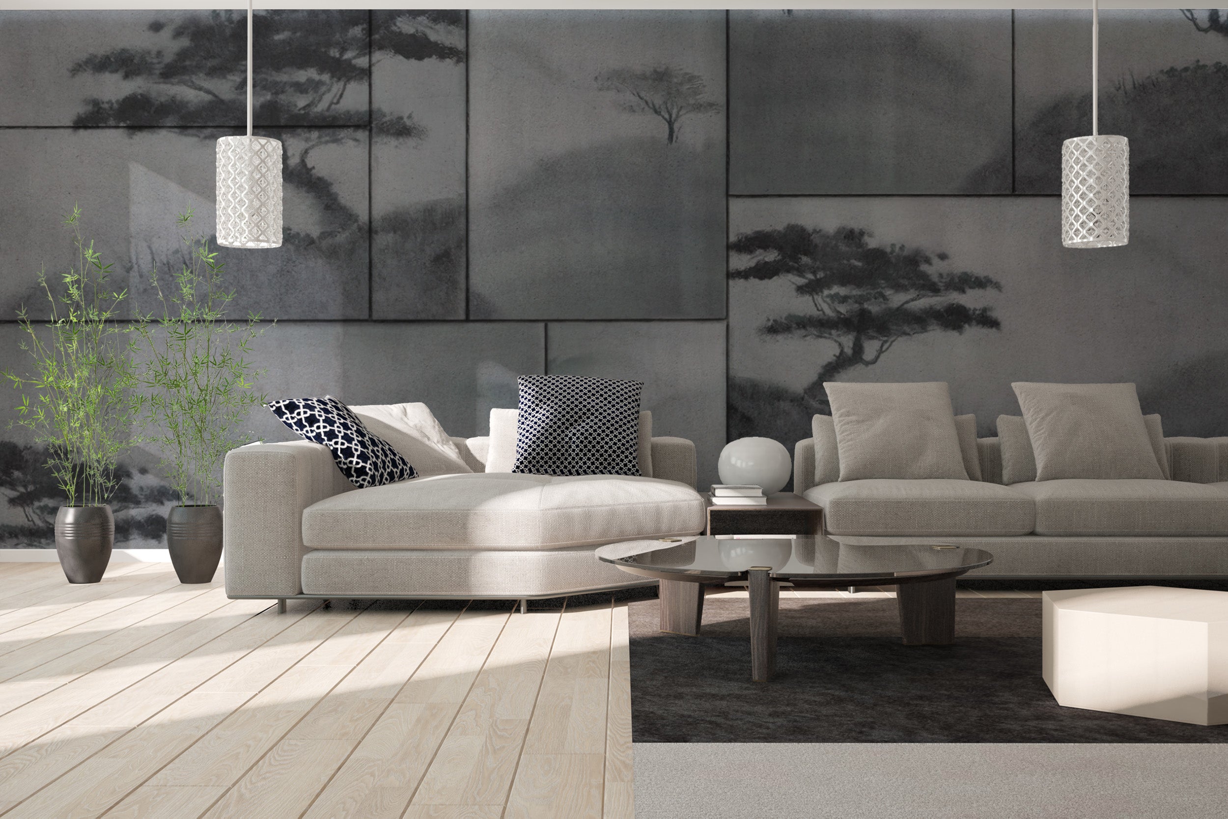 Elegant Sumi-e art wall mural with brushstroke details
