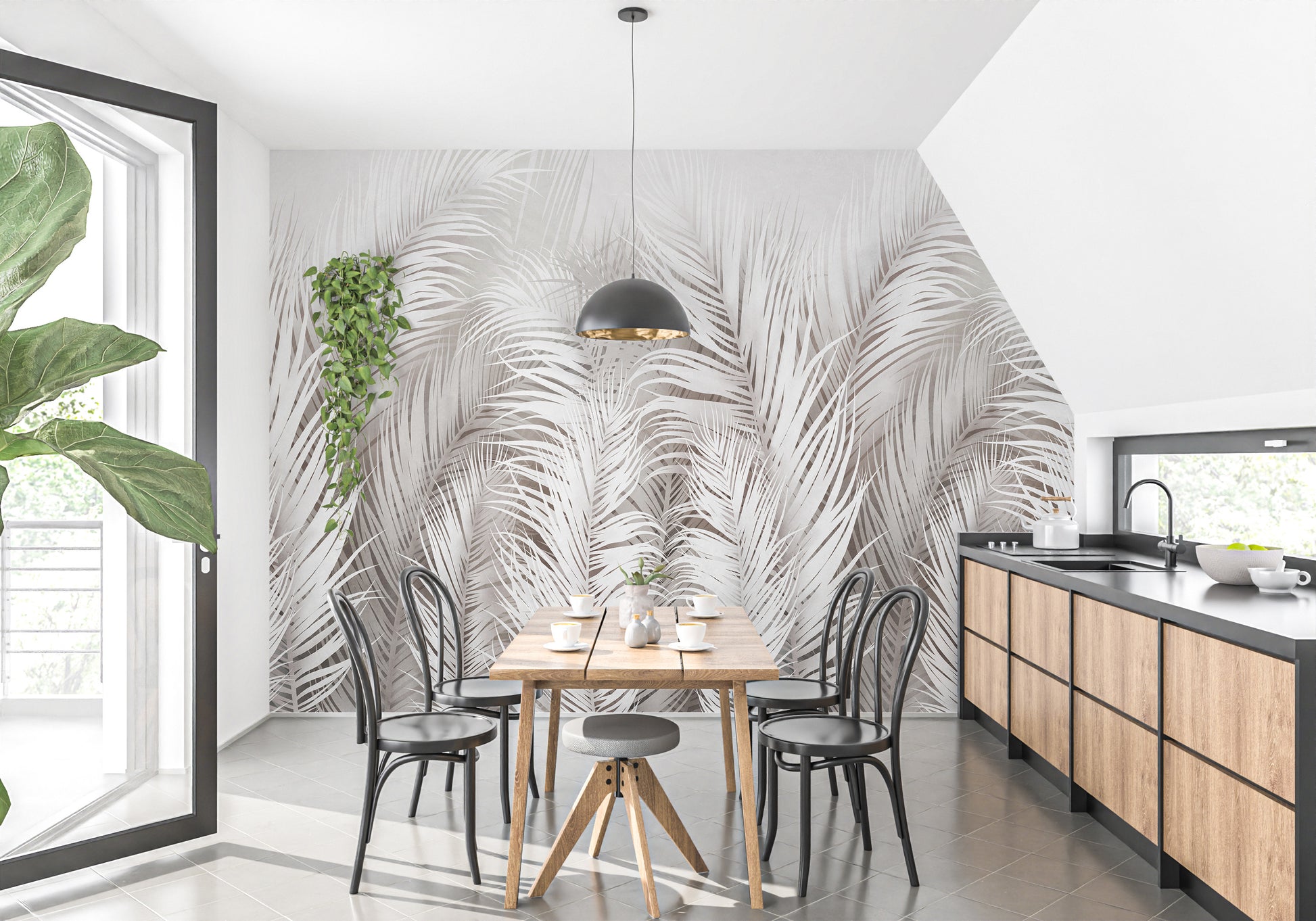 Elegant feather wallpaper for dining decor