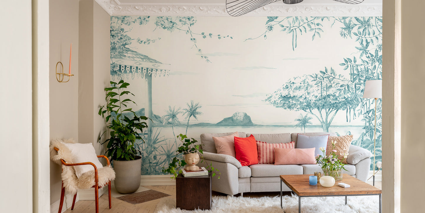 Watercolor tropical landscape wall mural for serene decor
