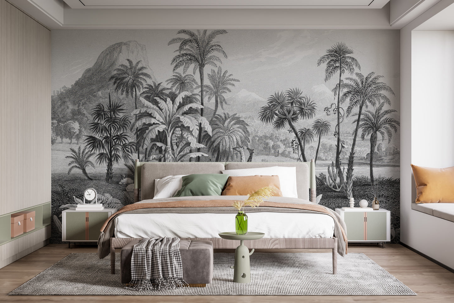 Monochrome Vintage Jungle Reusable Wallpaper