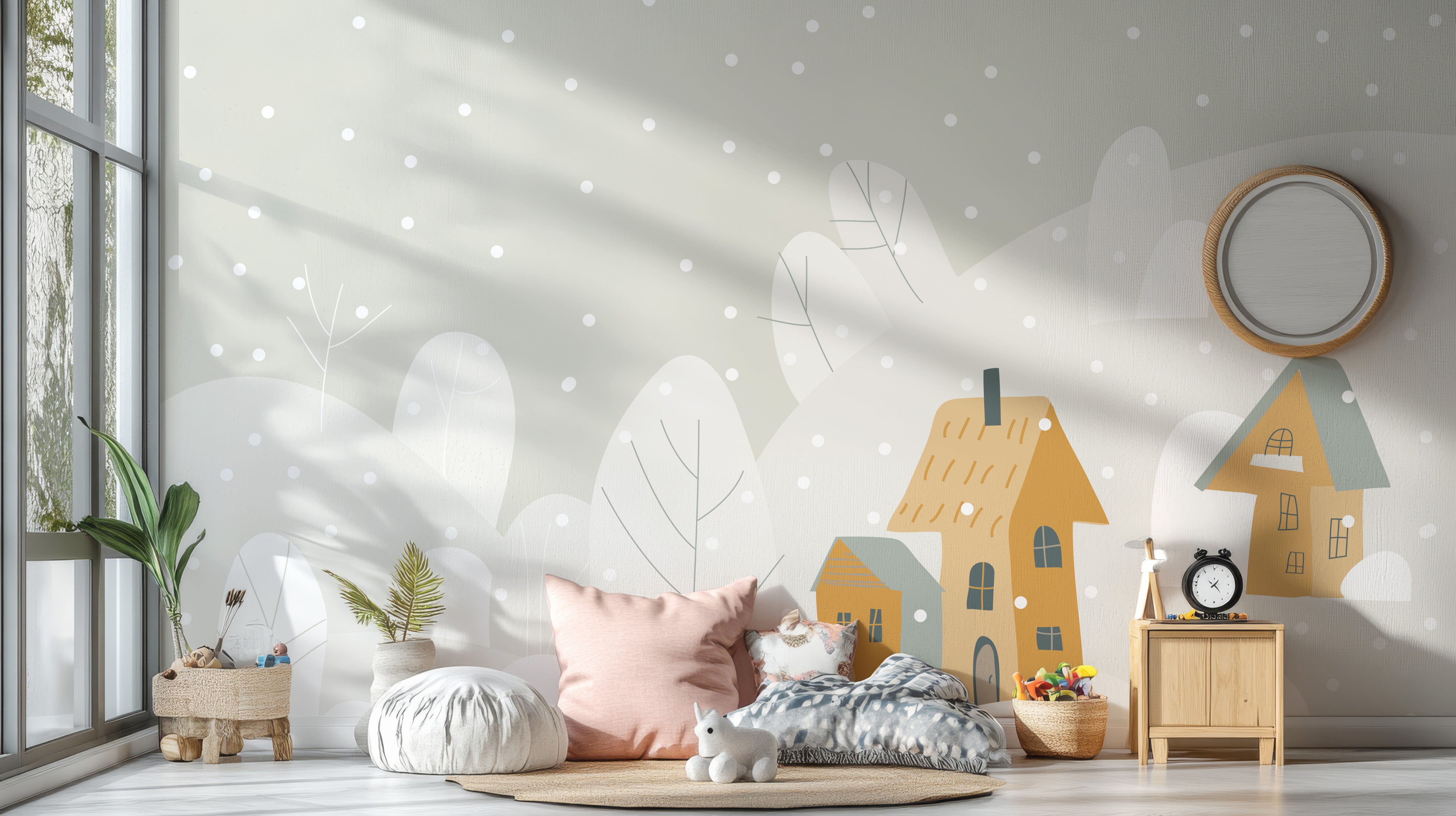 Cartoon winter cottages snowy wallpaper mural