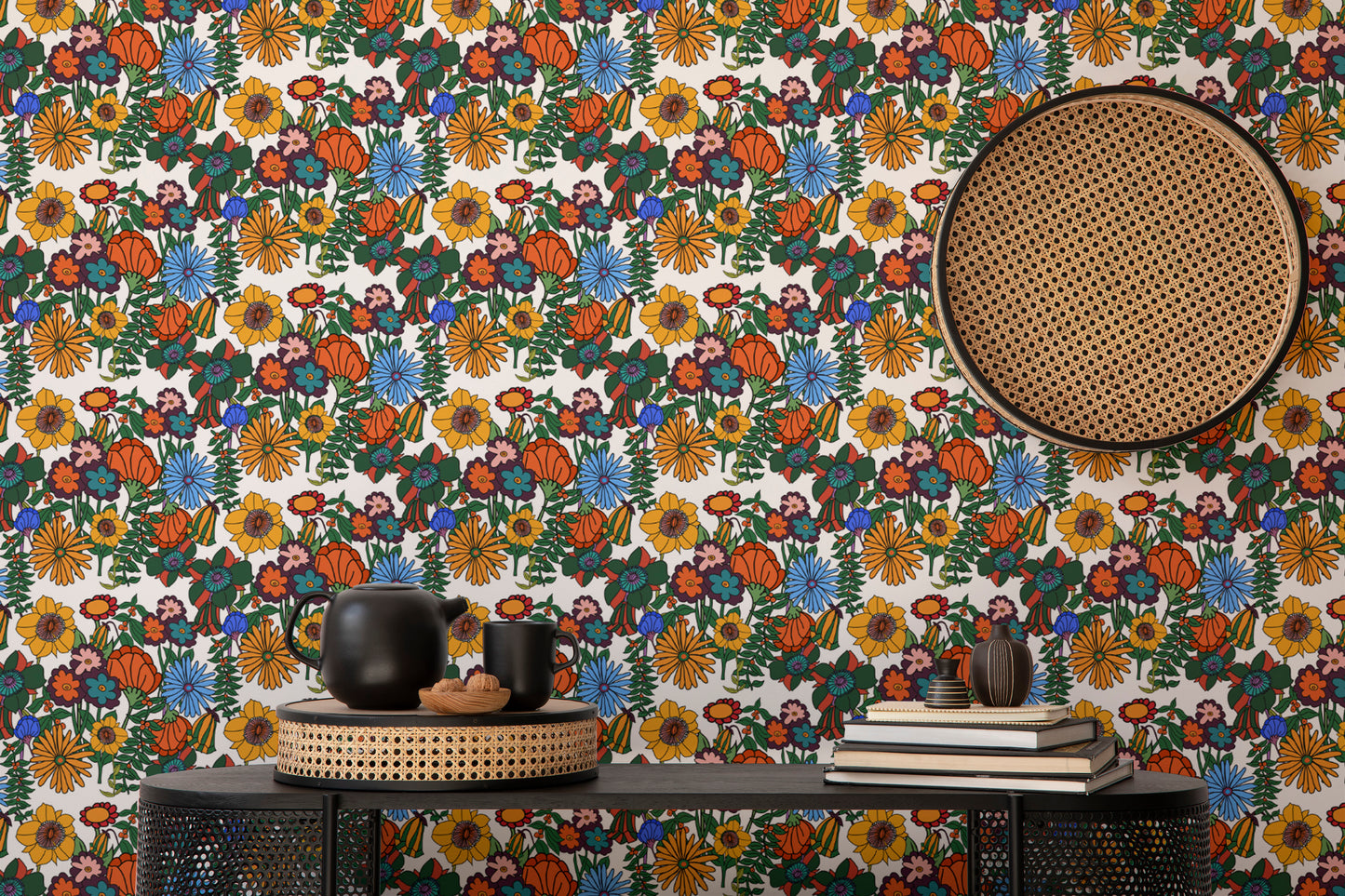 Retro 60s Floral White Background Wallpaper for modern spaces