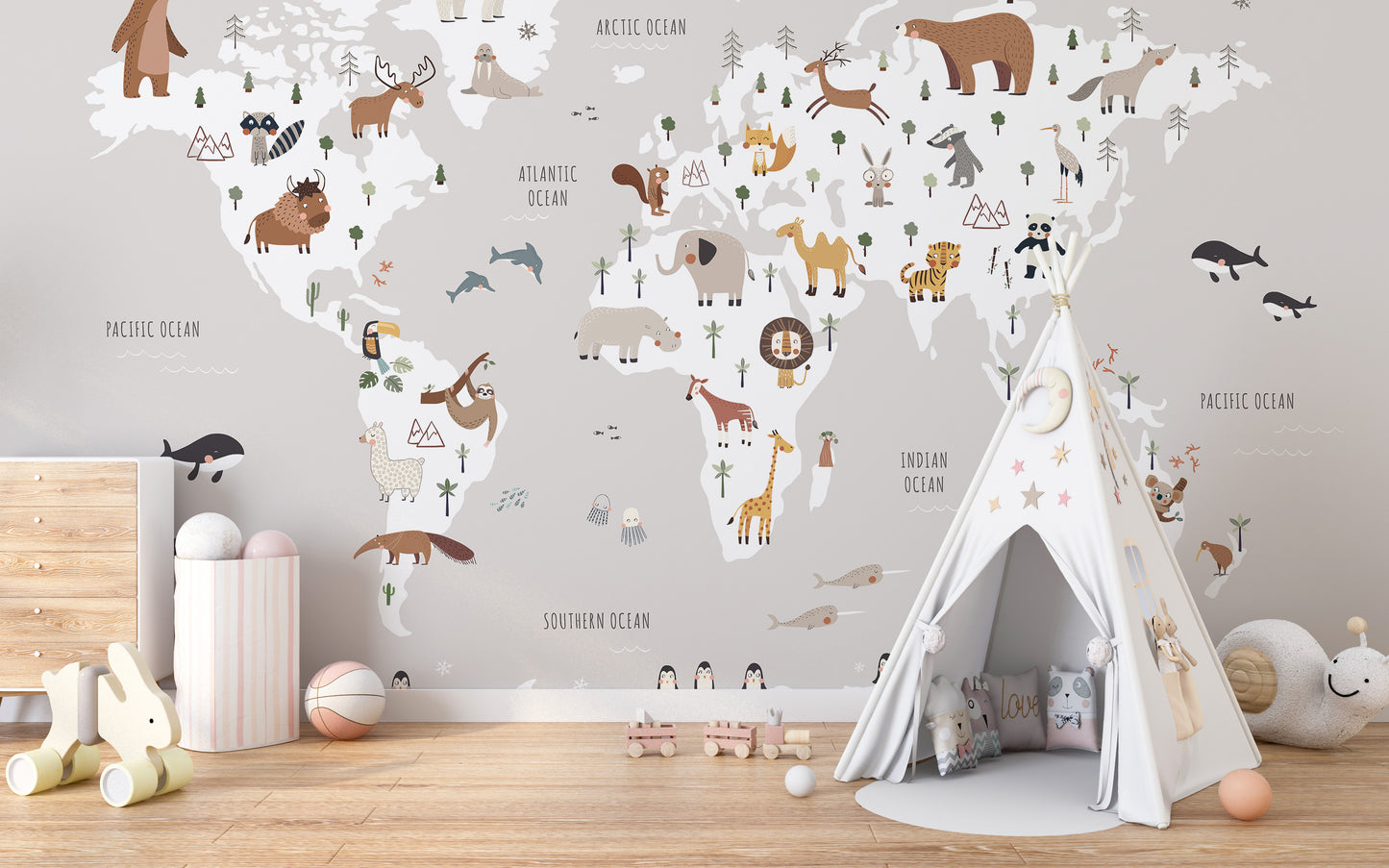 Child-friendly gray animal map for walls
