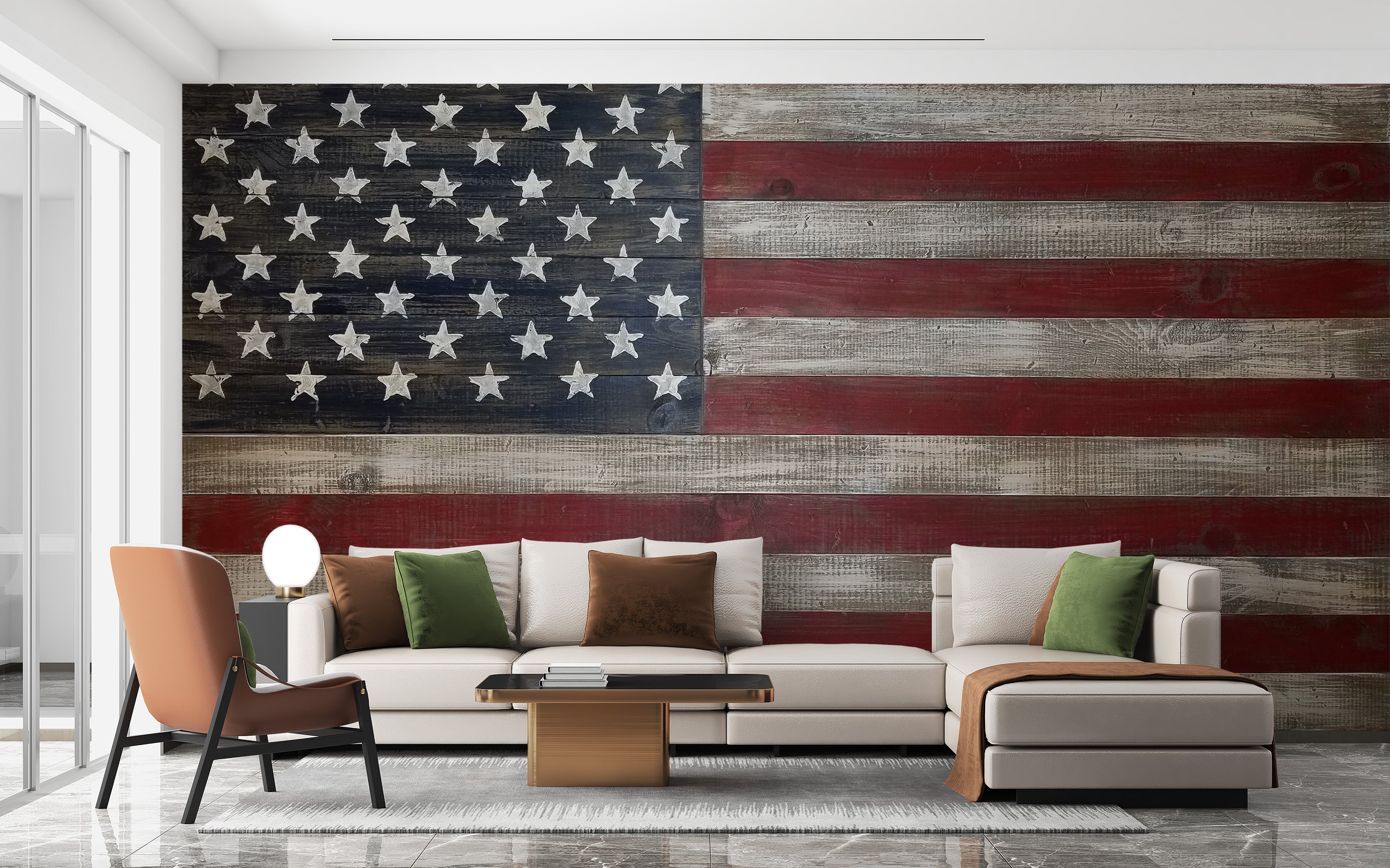 Bold American flag mural wallpaper living room
