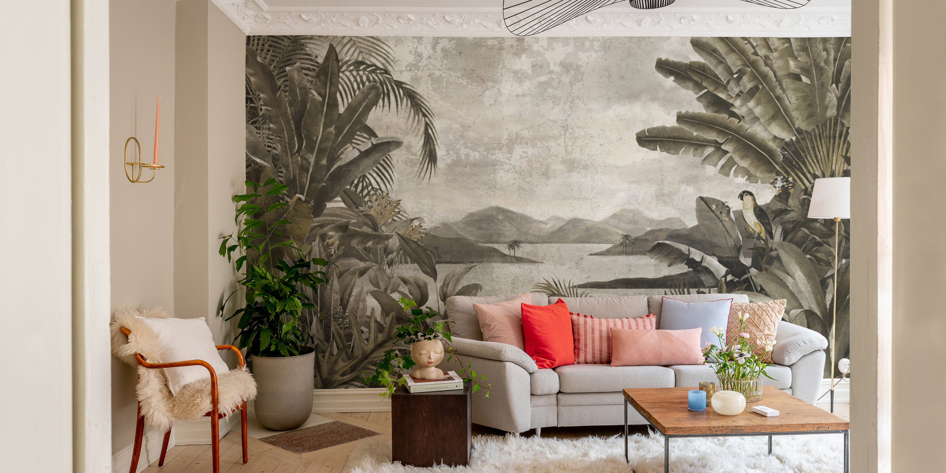 Serene tropical jungle mural with muted tones.
