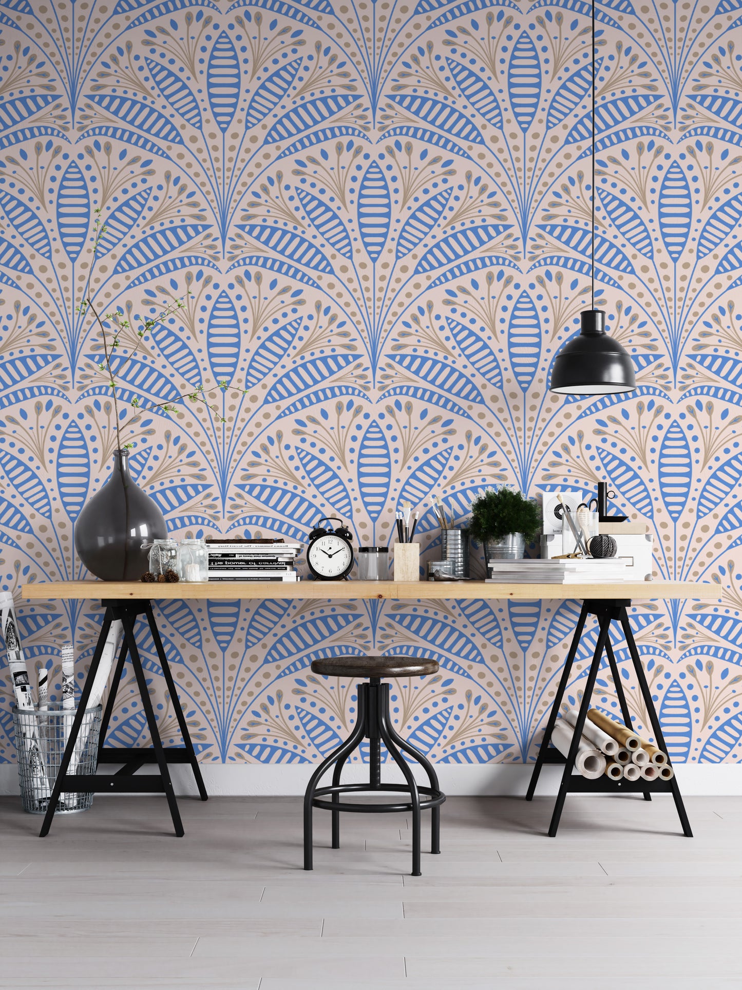 Bold Art Deco wallpaper featuring intricate blue palm patterns.
