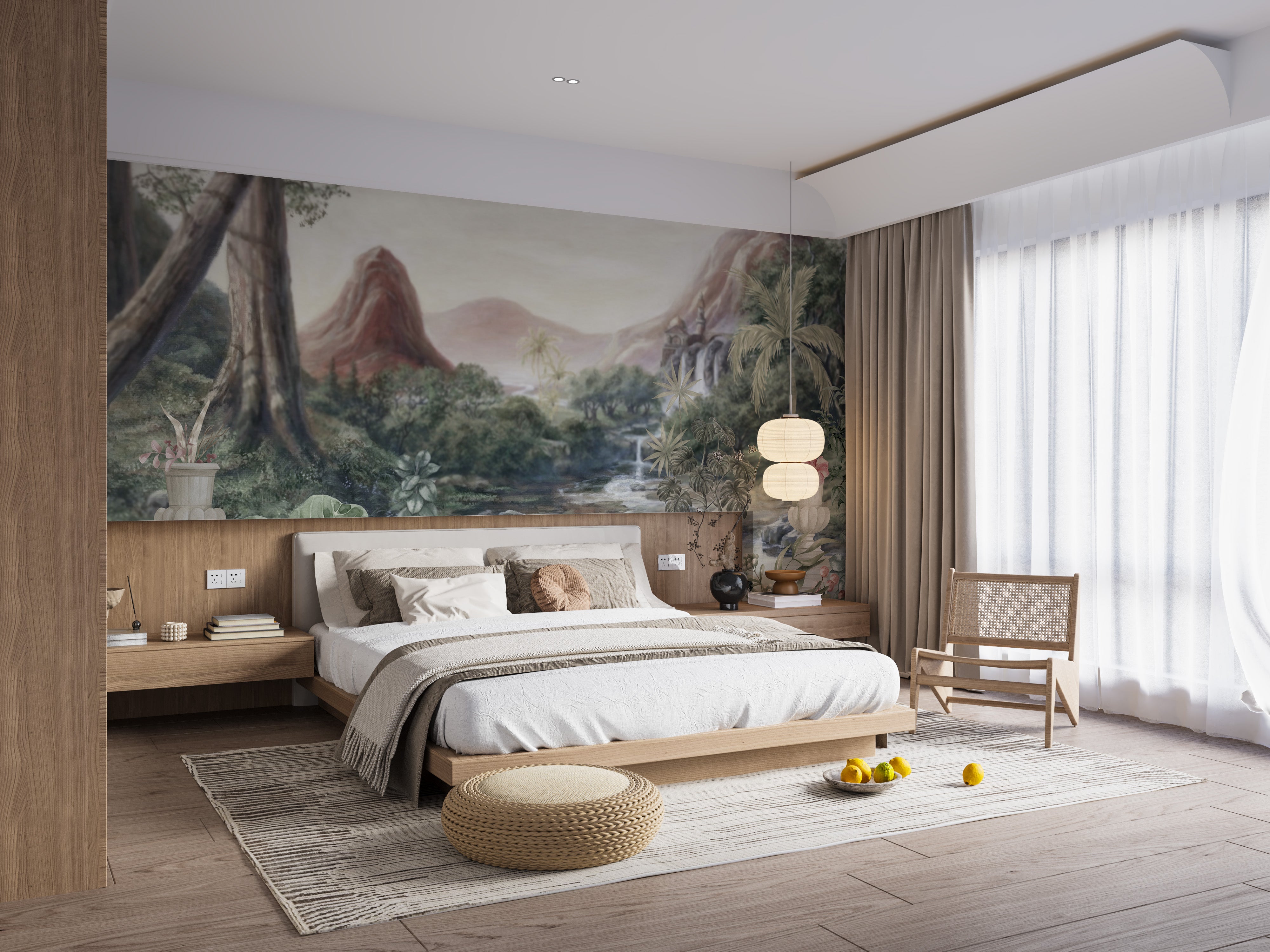 Natural lining serene lake wall mural with crane birds