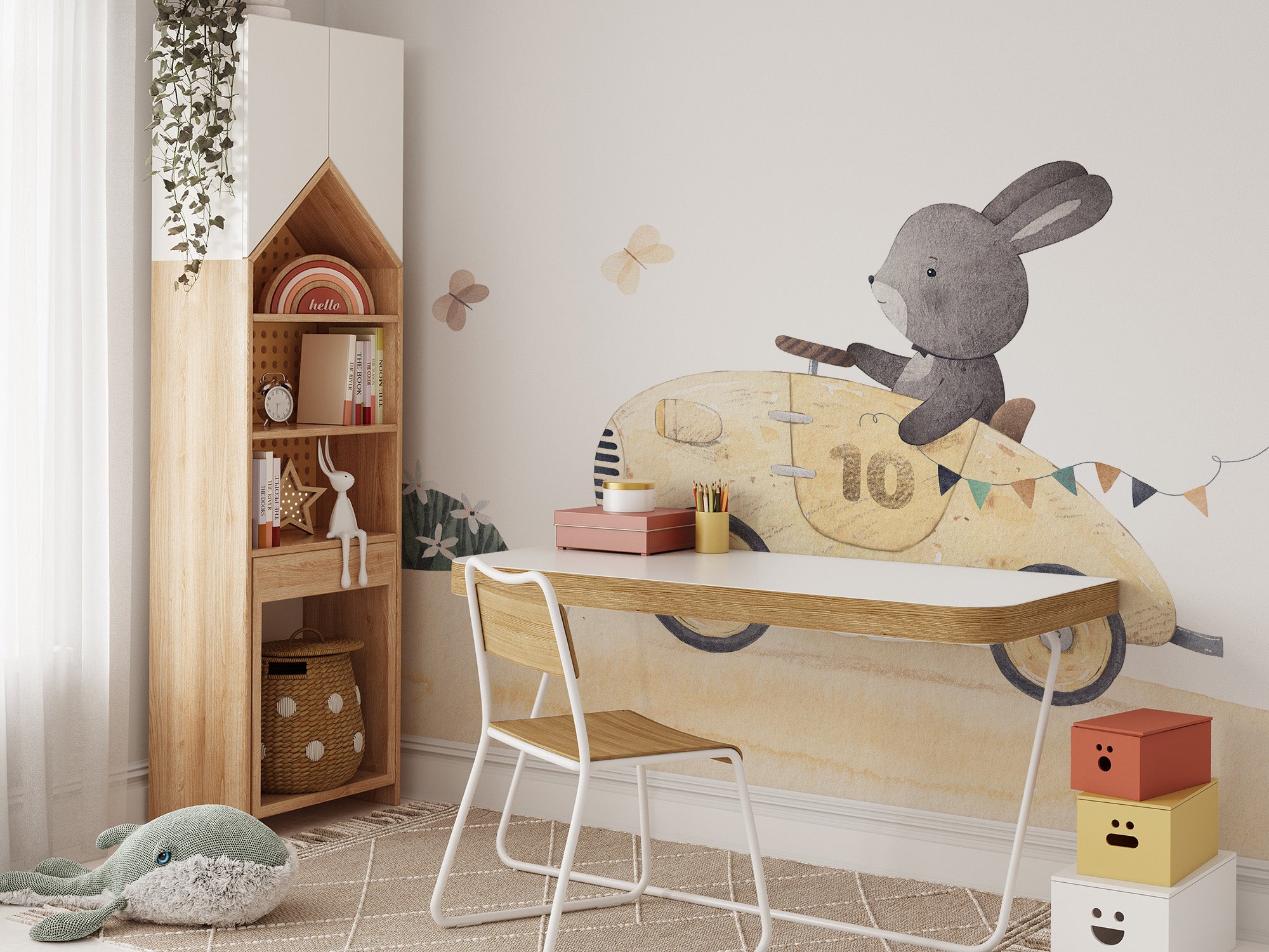 Playful bunny car ride wall mural wallpaper for cheerful decor.