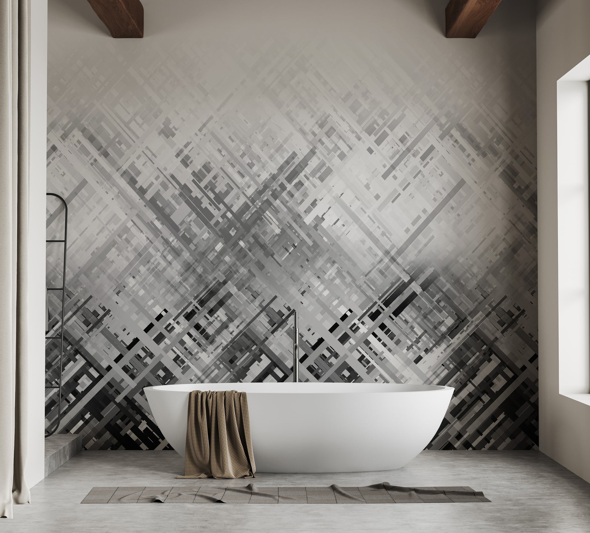 Artistic black and white diagonal lines mural
