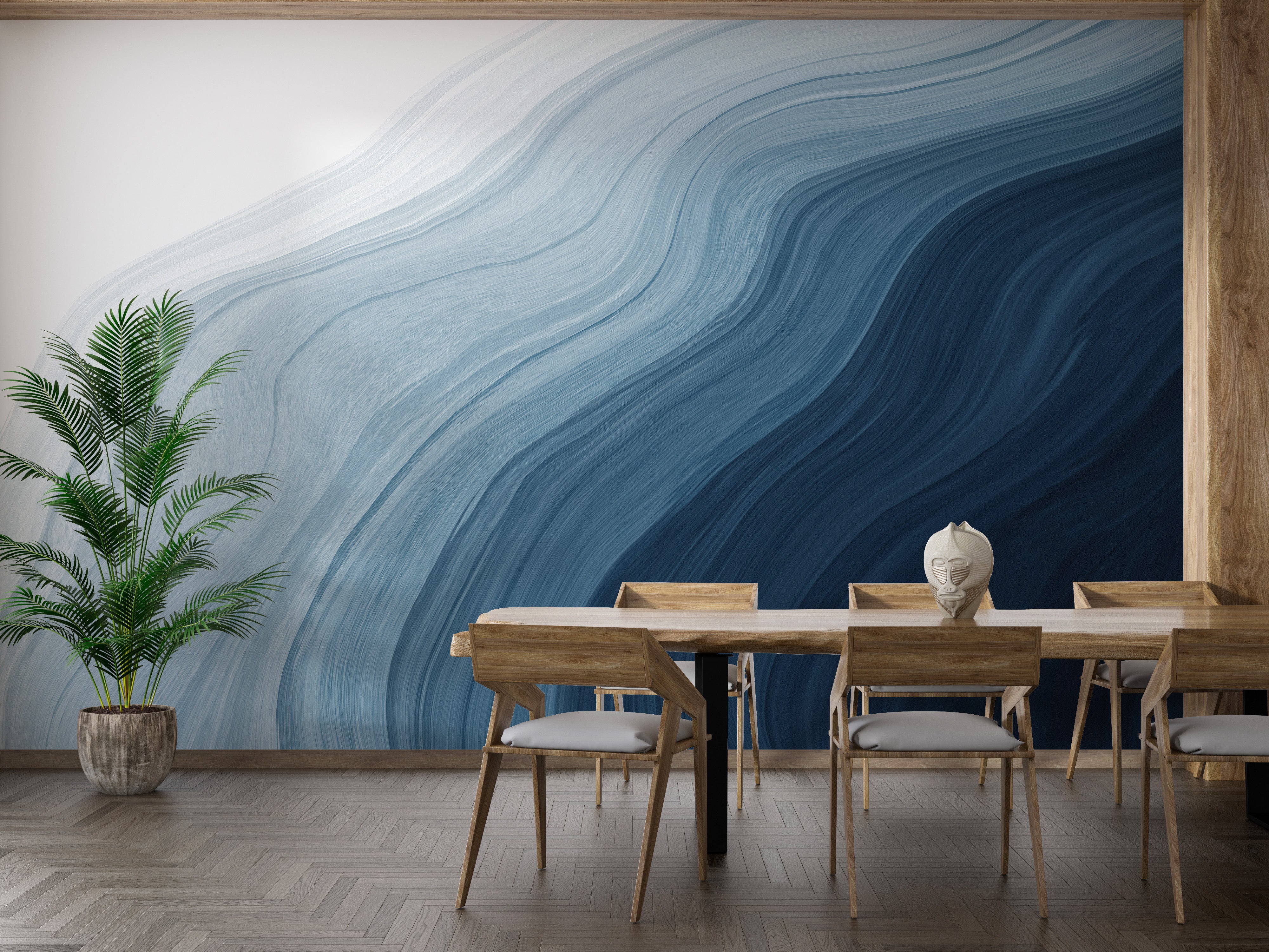 Abstract blue wave mural for modern walls