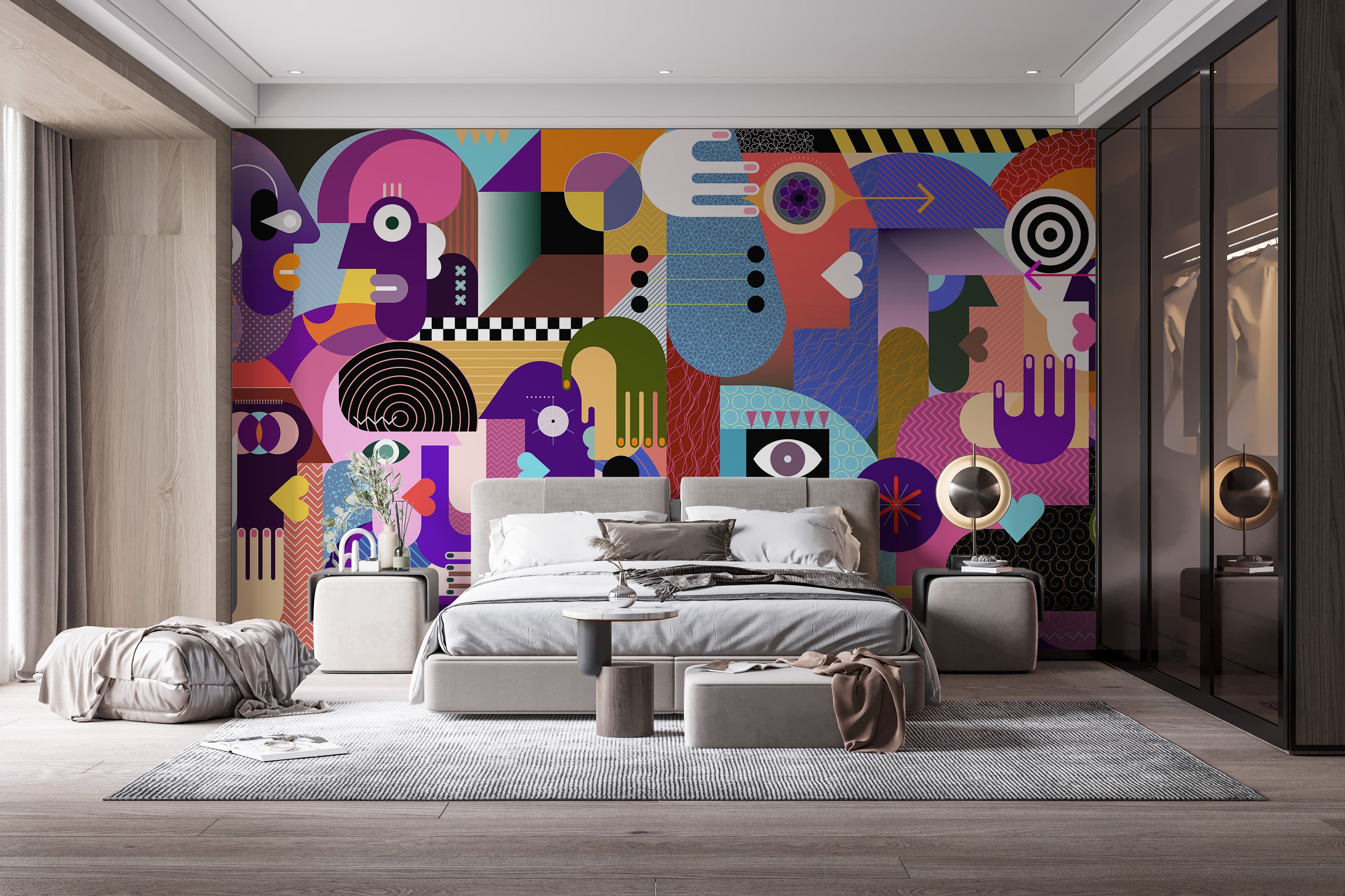 Unique abstract faces wallpaper mural for statement interiors.