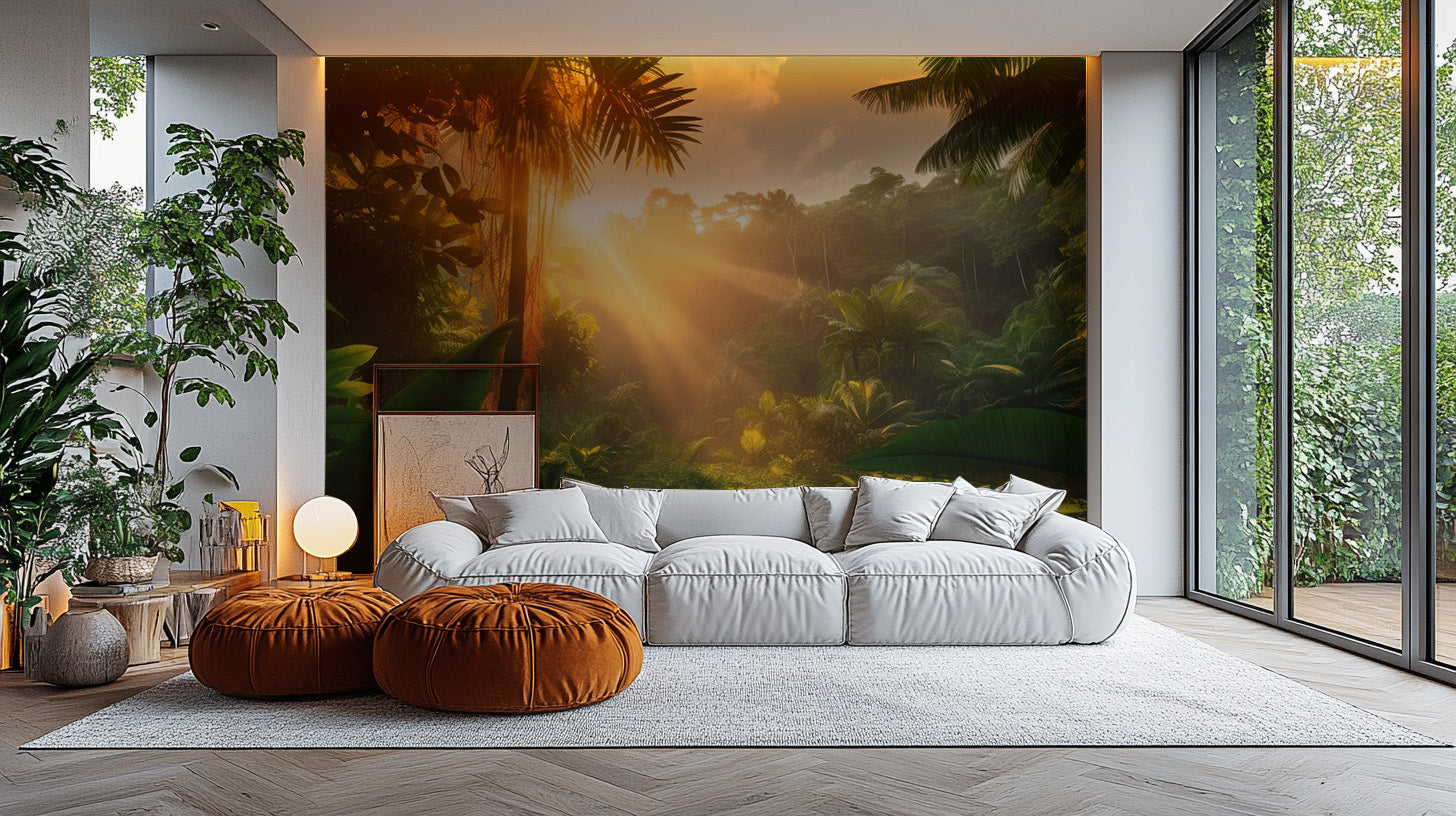 Artistic rainforest-themed wallpaper mural for modern living spaces.