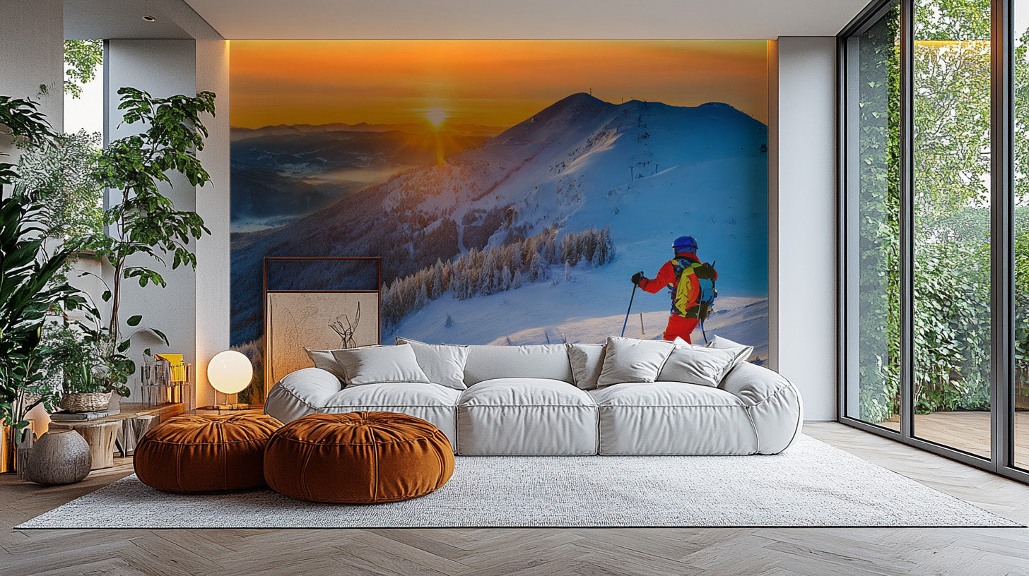 Serene Alpine-inspired wallpaper mural for cozy living rooms.