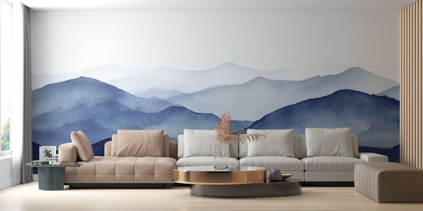 Soft blue mountain mural creates a calm living room atmosphere