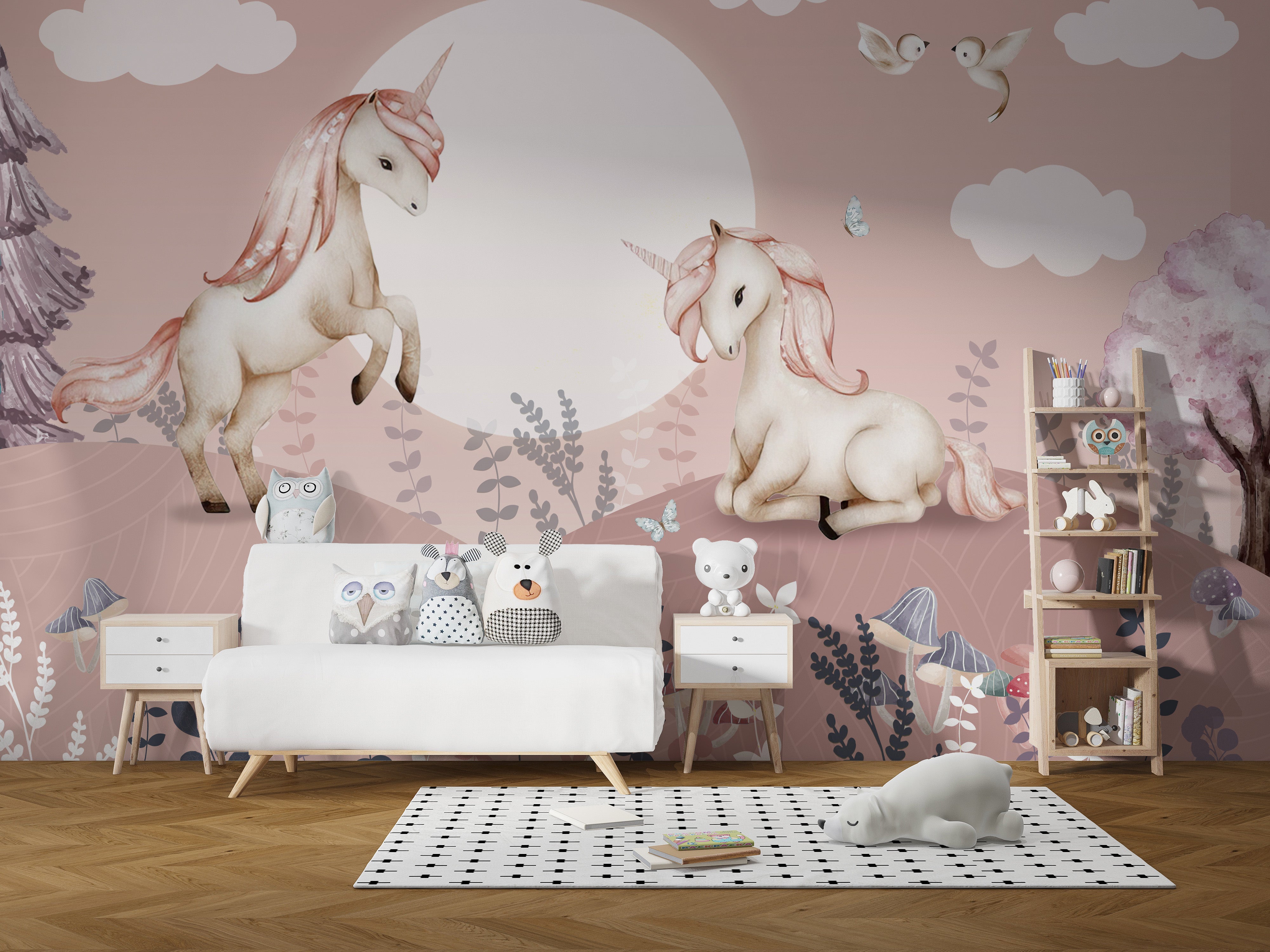 Whimsical mural featuring a pink Pegasus for girls' rooms