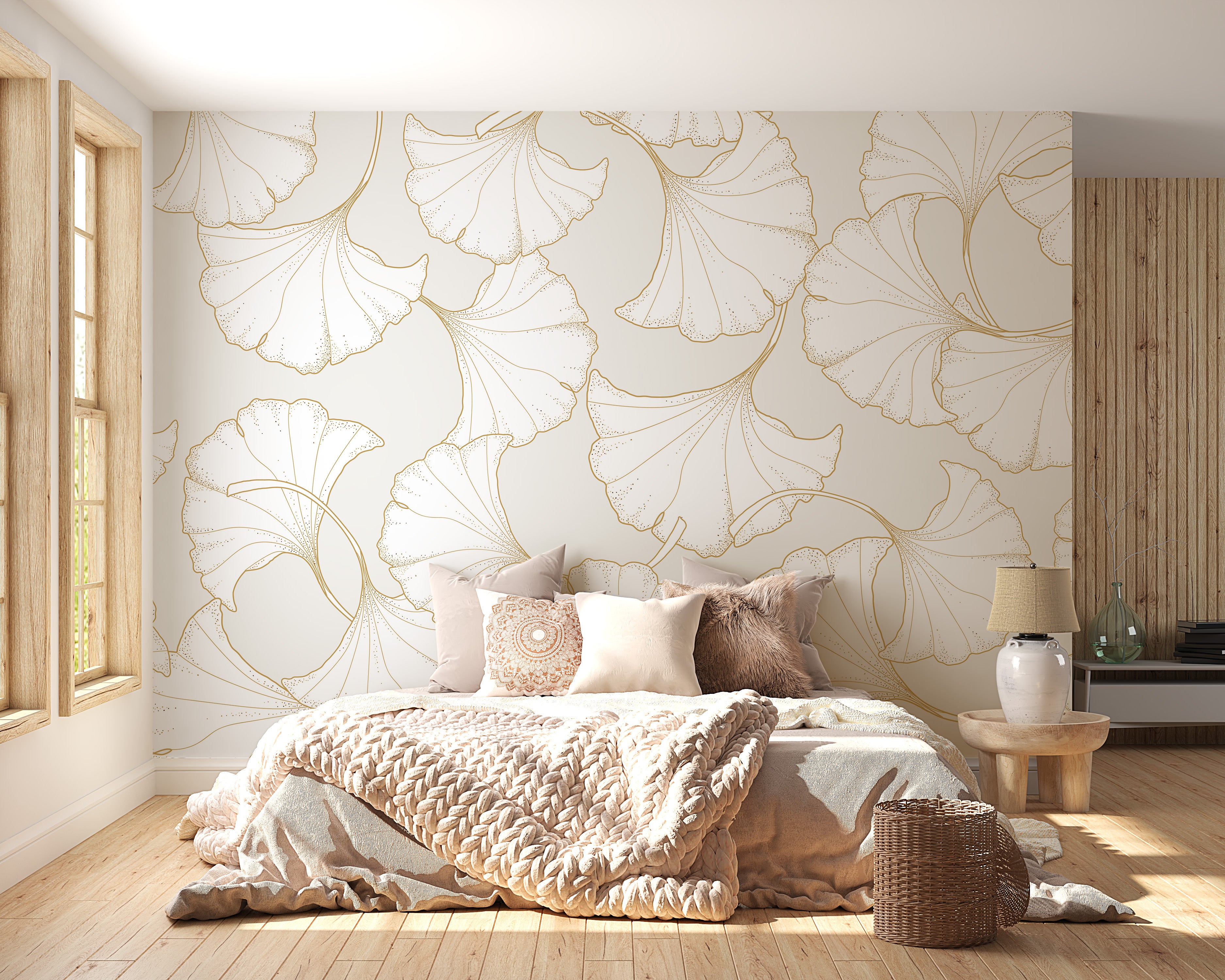 Ginkgo leaf wallpaper, gold abstract charm