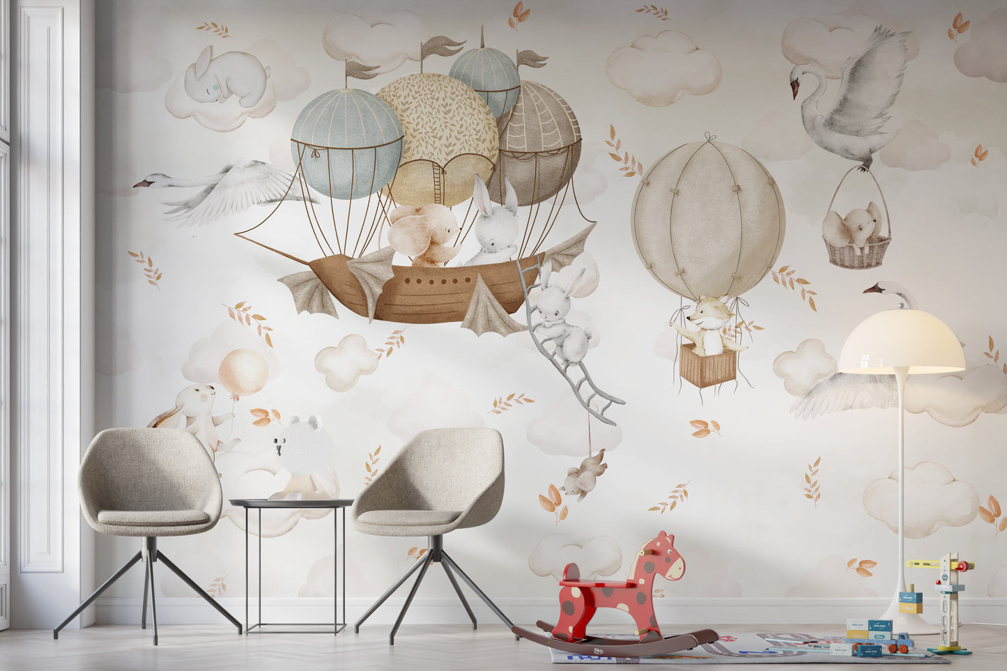 Cloud-Hopping Critters Wallpaper for nursery room