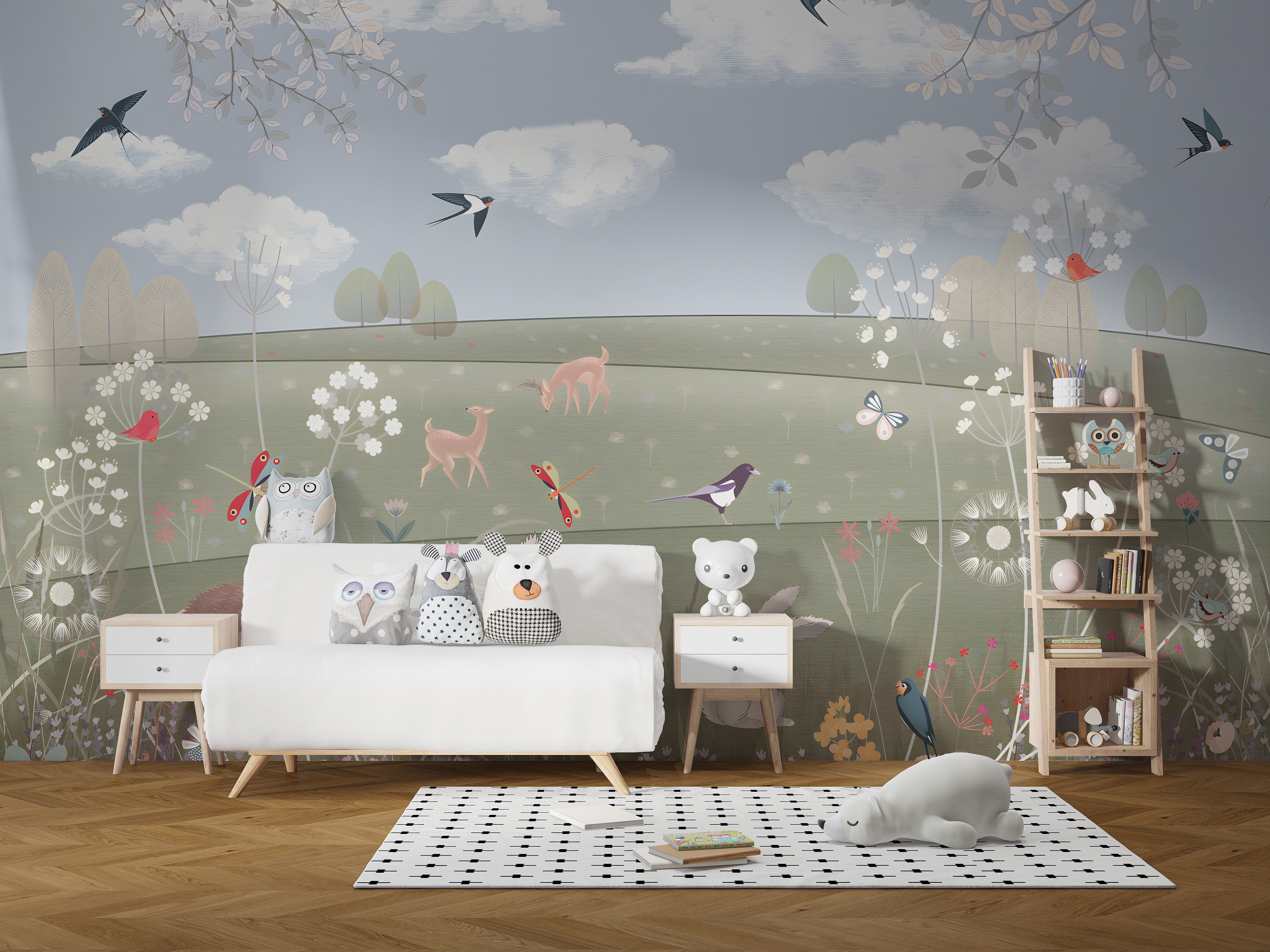 Countryside canopy mural with dreamy garden watercolor art
