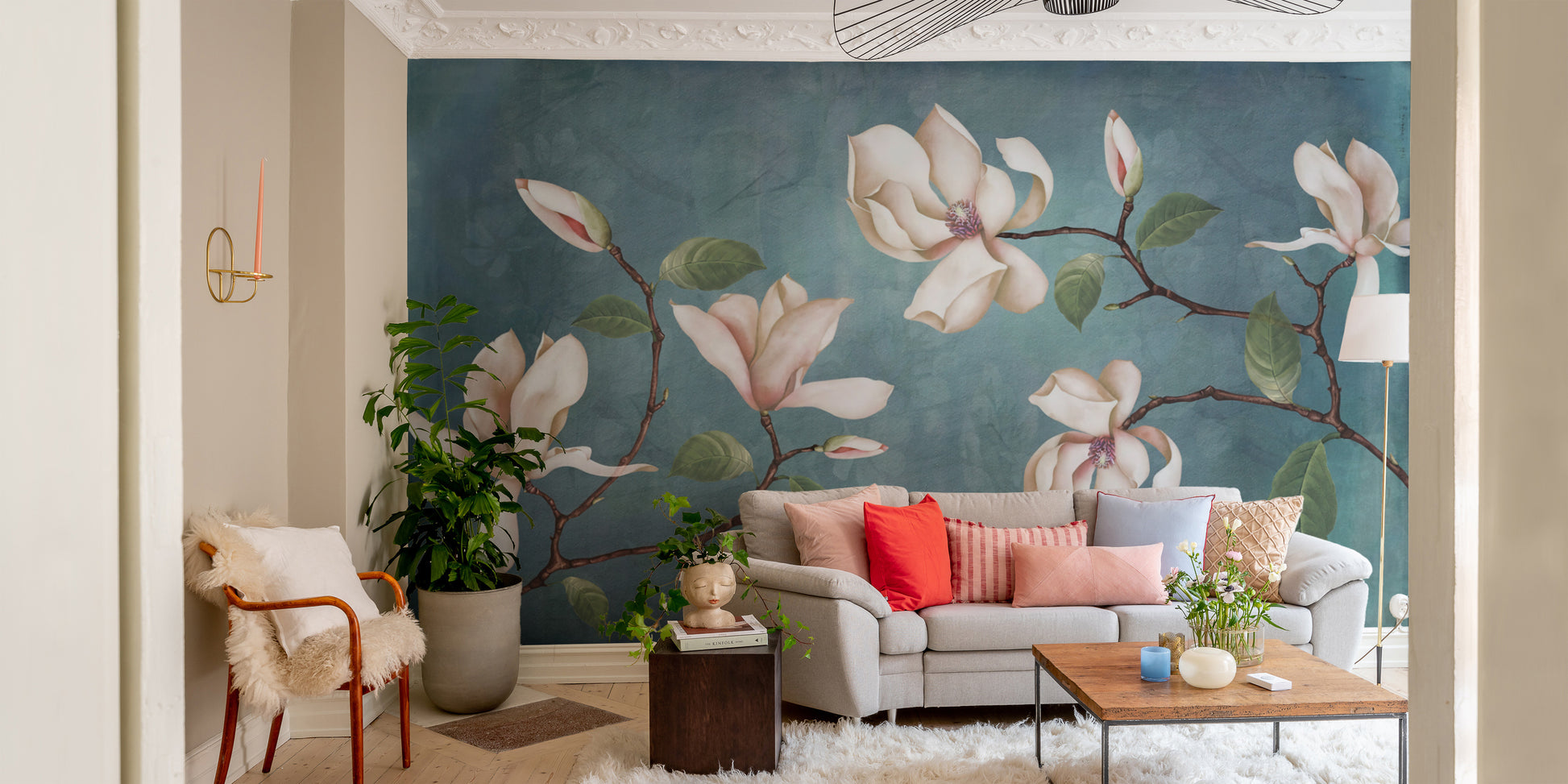 Floral magnolia wallpaper for walls in soft pastel hues
