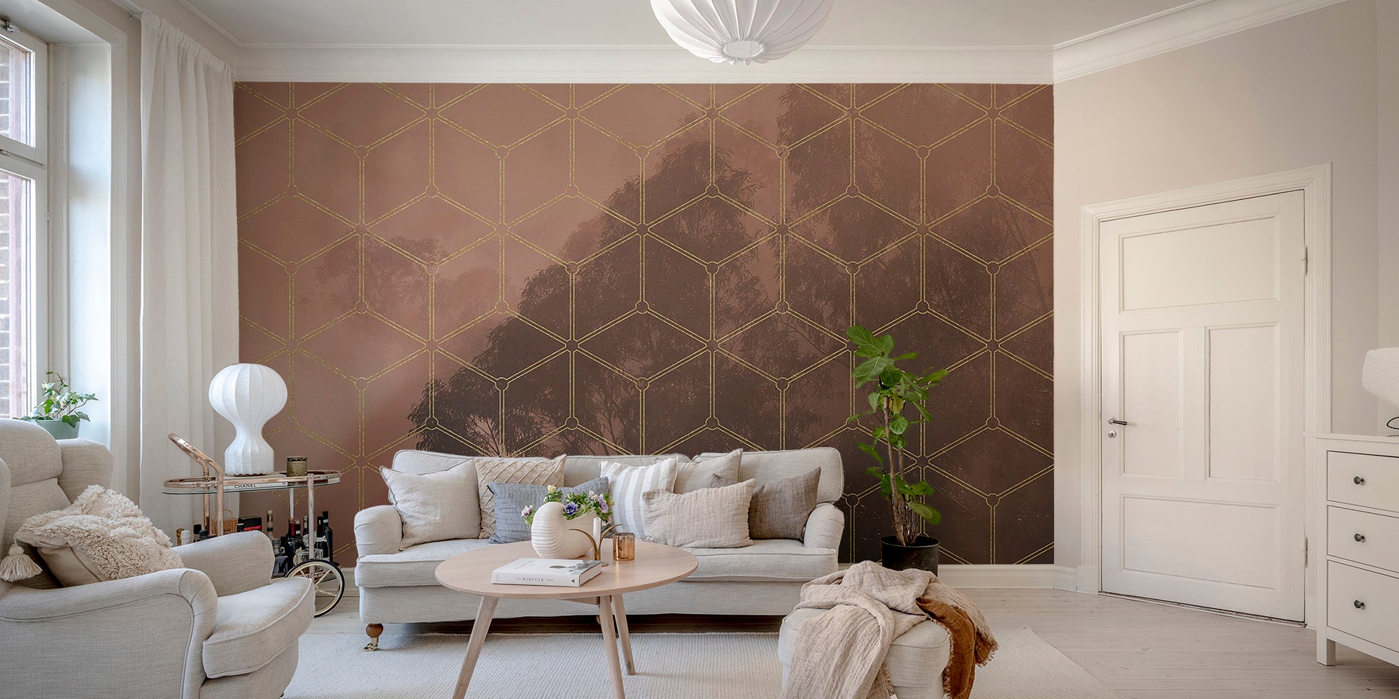 Geometric Golden Grid Nature Mural
