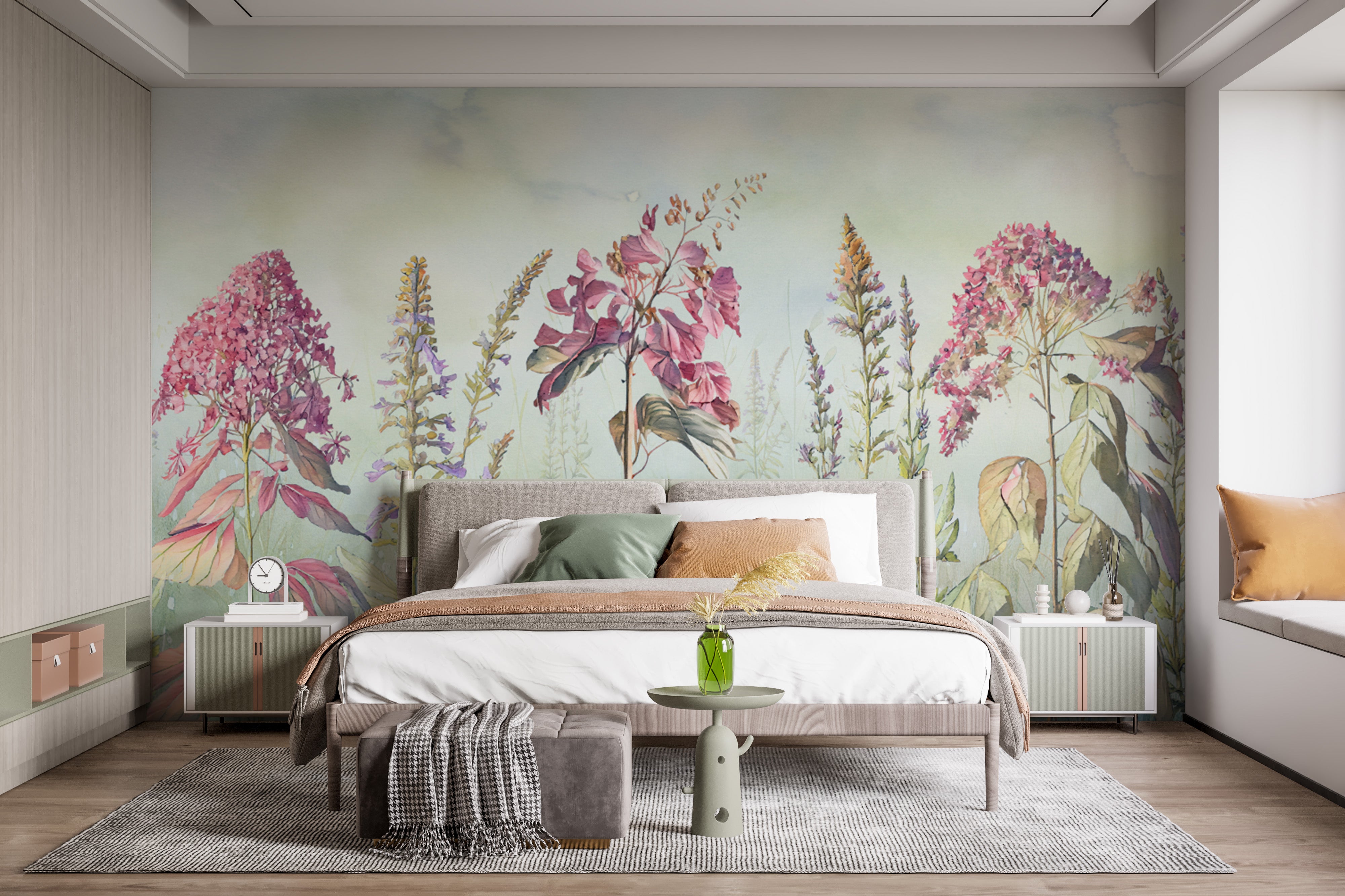 Refresh your walls with beautiful wild flowers meadows blue wallpaper.