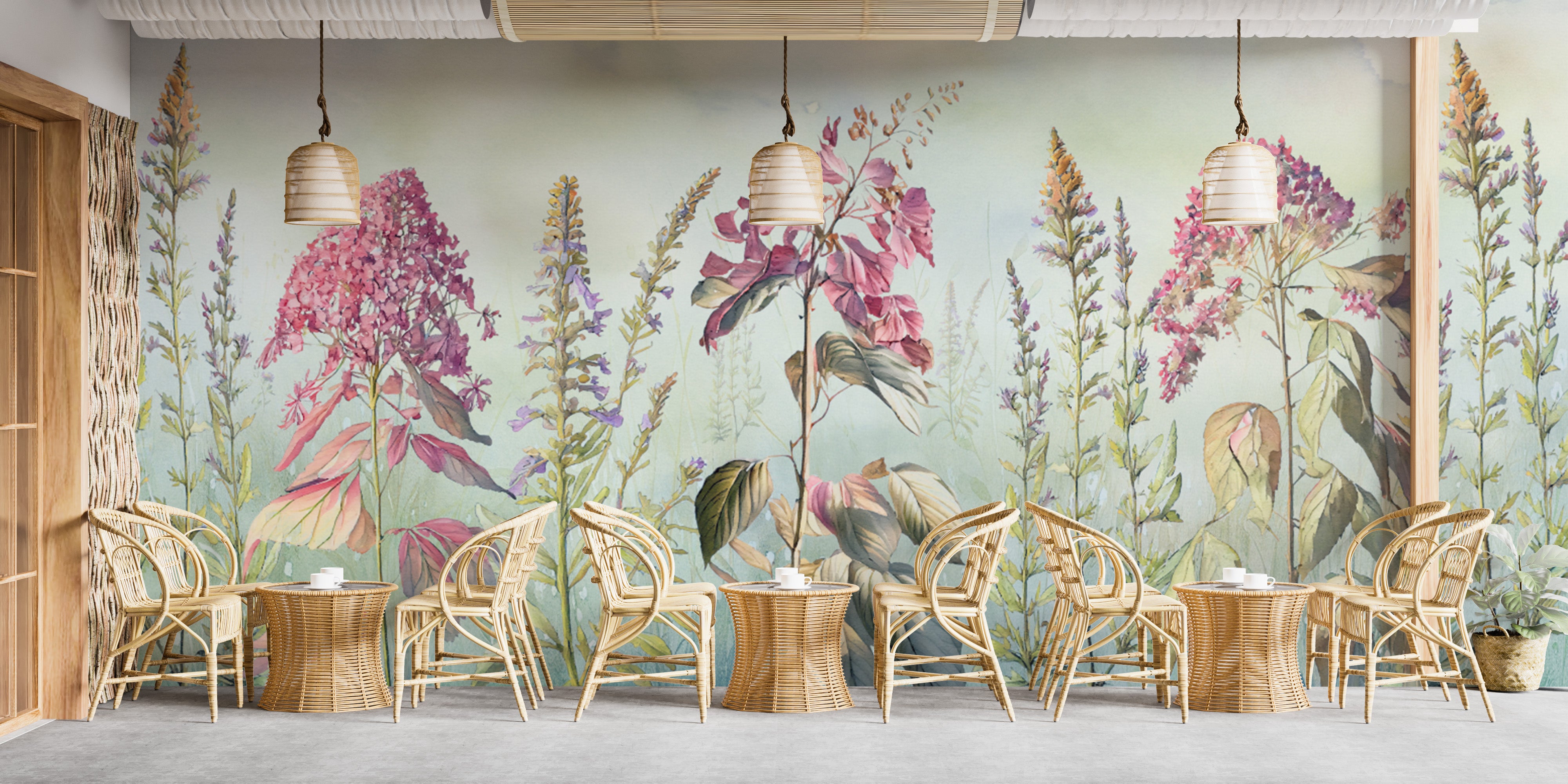 Wild flowers meadows blue wallpaper mural for a peaceful, nature-inspired look.