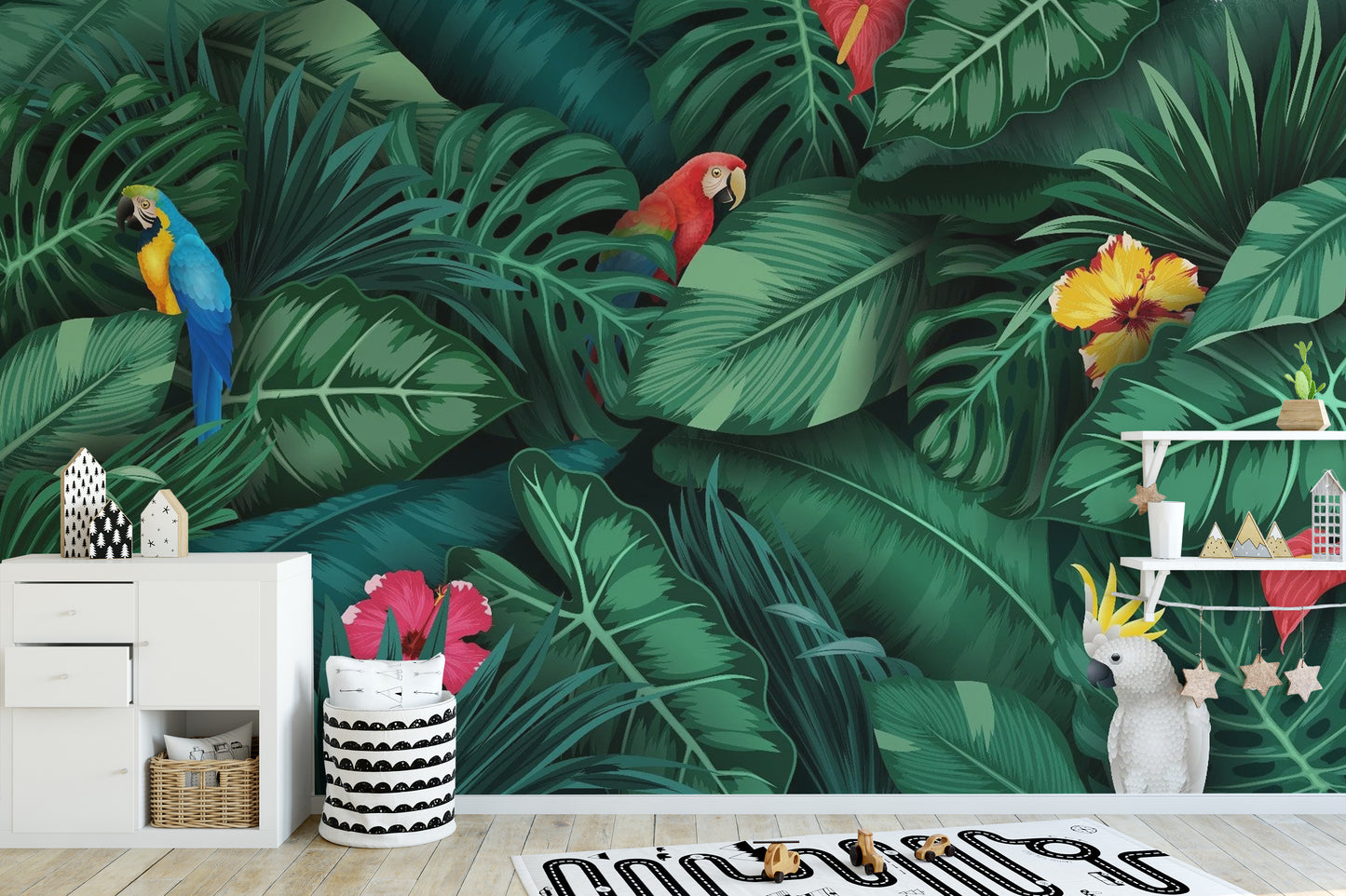 Tropical Green Leaves and Birds Wallpaper Mural