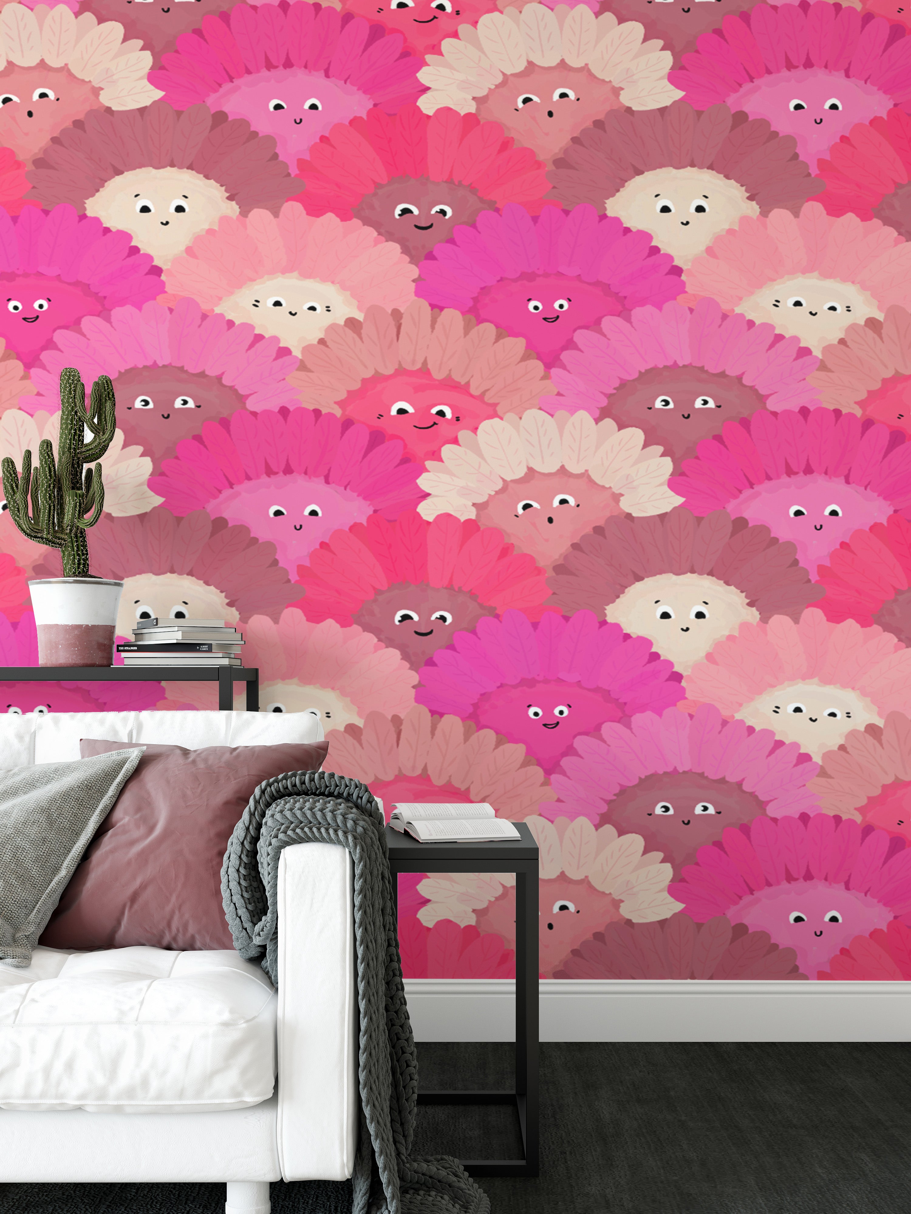 Stylish pink flower faces wallpaper for fun and creative decor.
