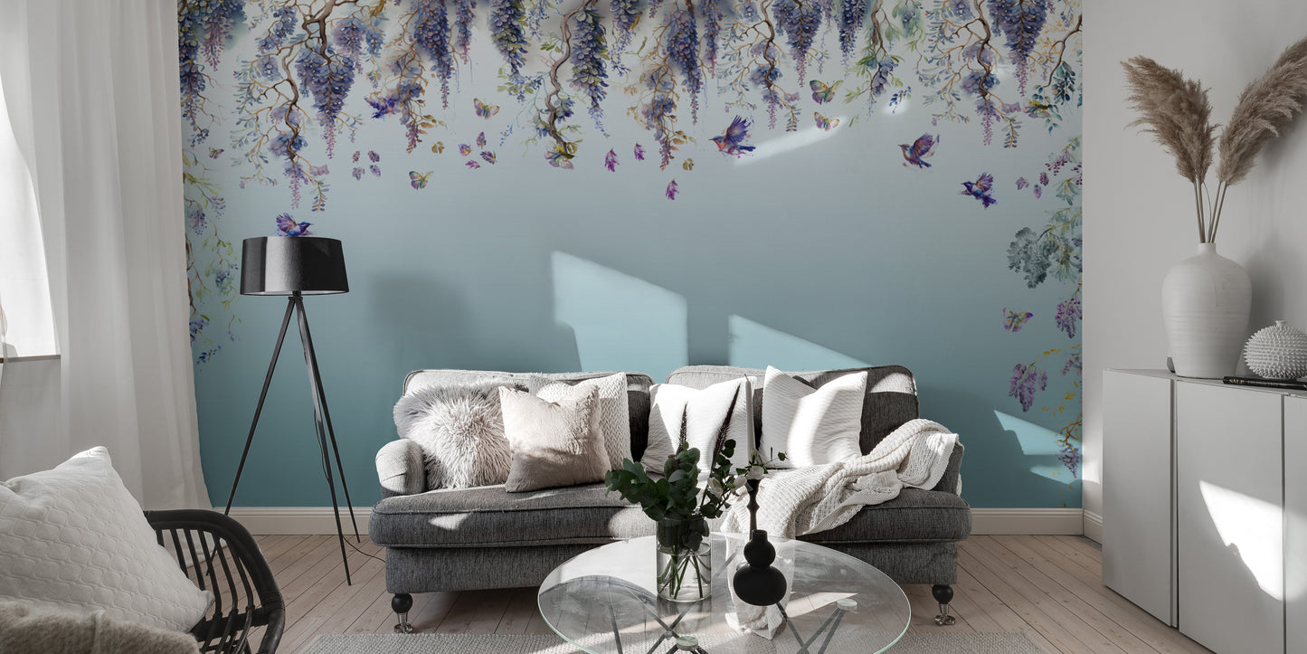 Add a touch of romance with wisteria blue wallpaper mural design.