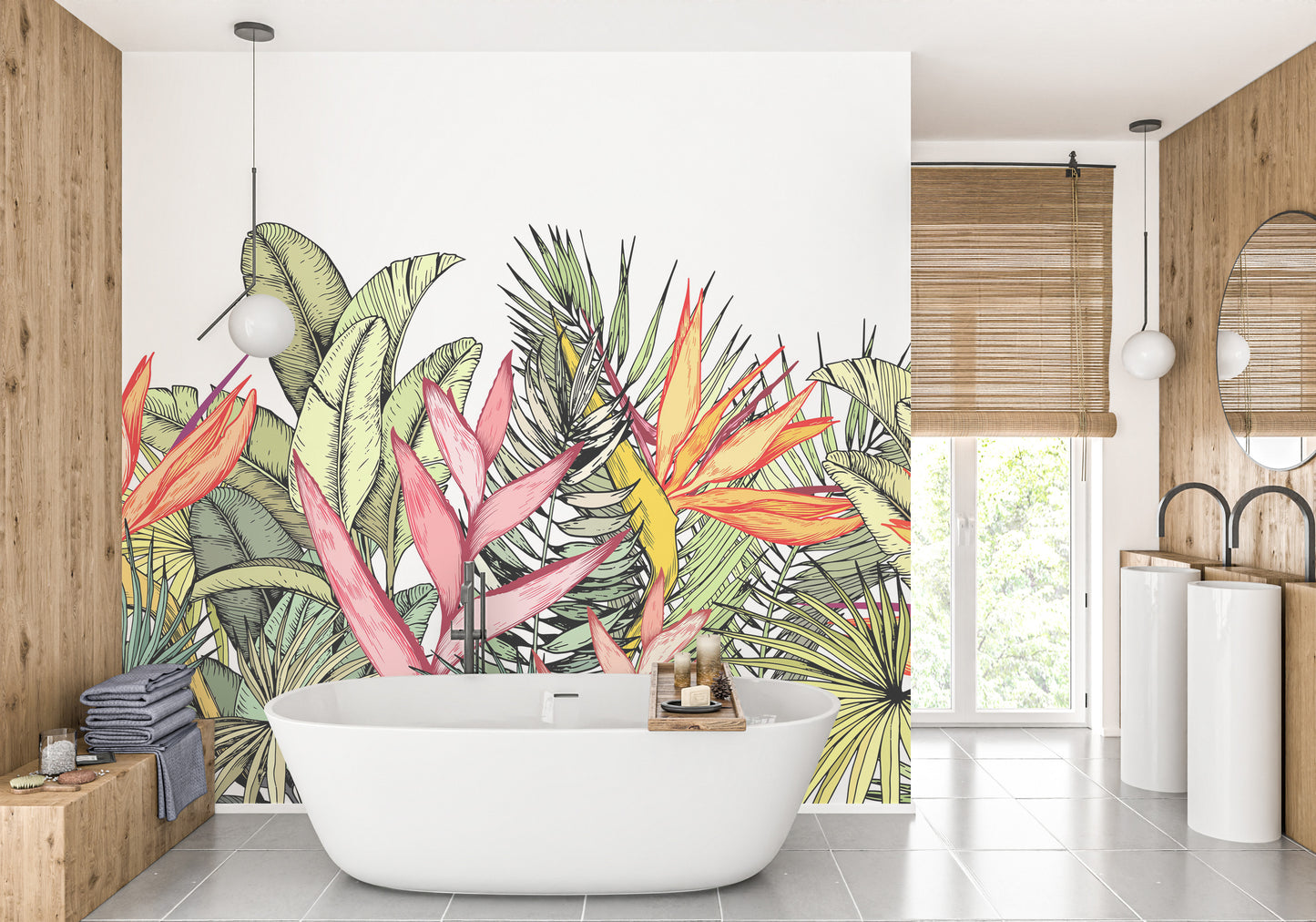 Colorful Tropical Palm Leaves Flowers Wall Murals