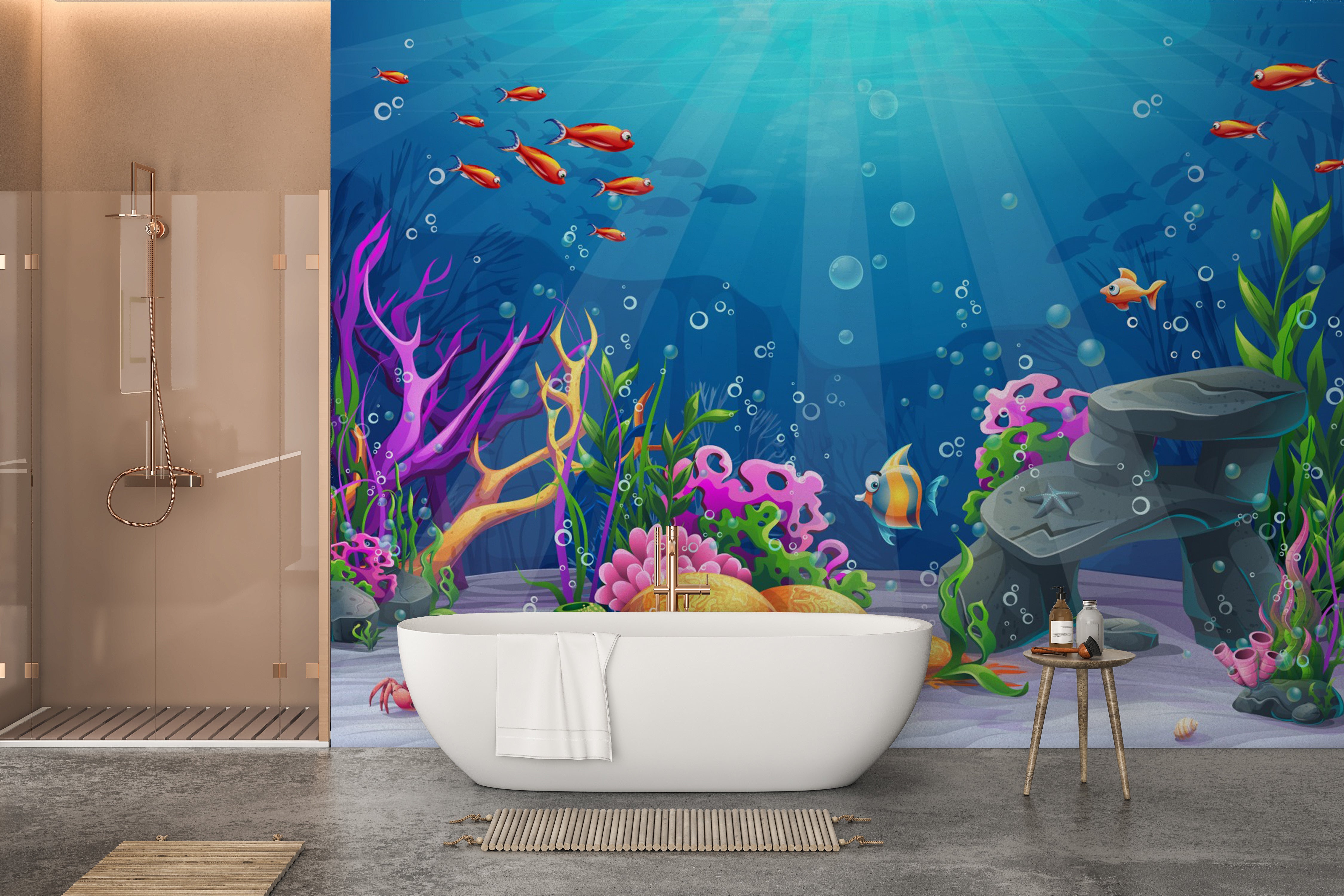 Tropical reef mural with colorful sea plants
