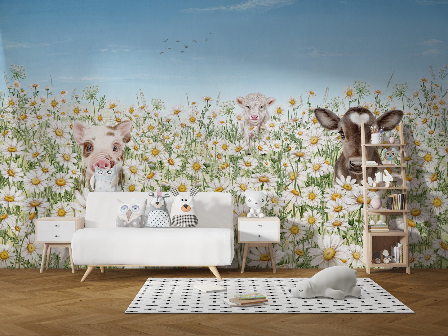 Adorable farm animals wallpaper mural for kids' rooms.
