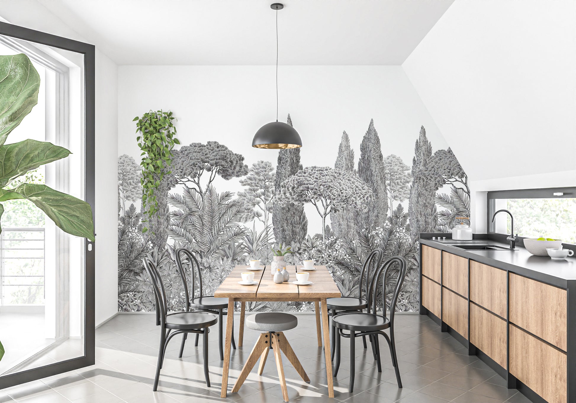 Elegant deodar tree wall mural in gray tones
