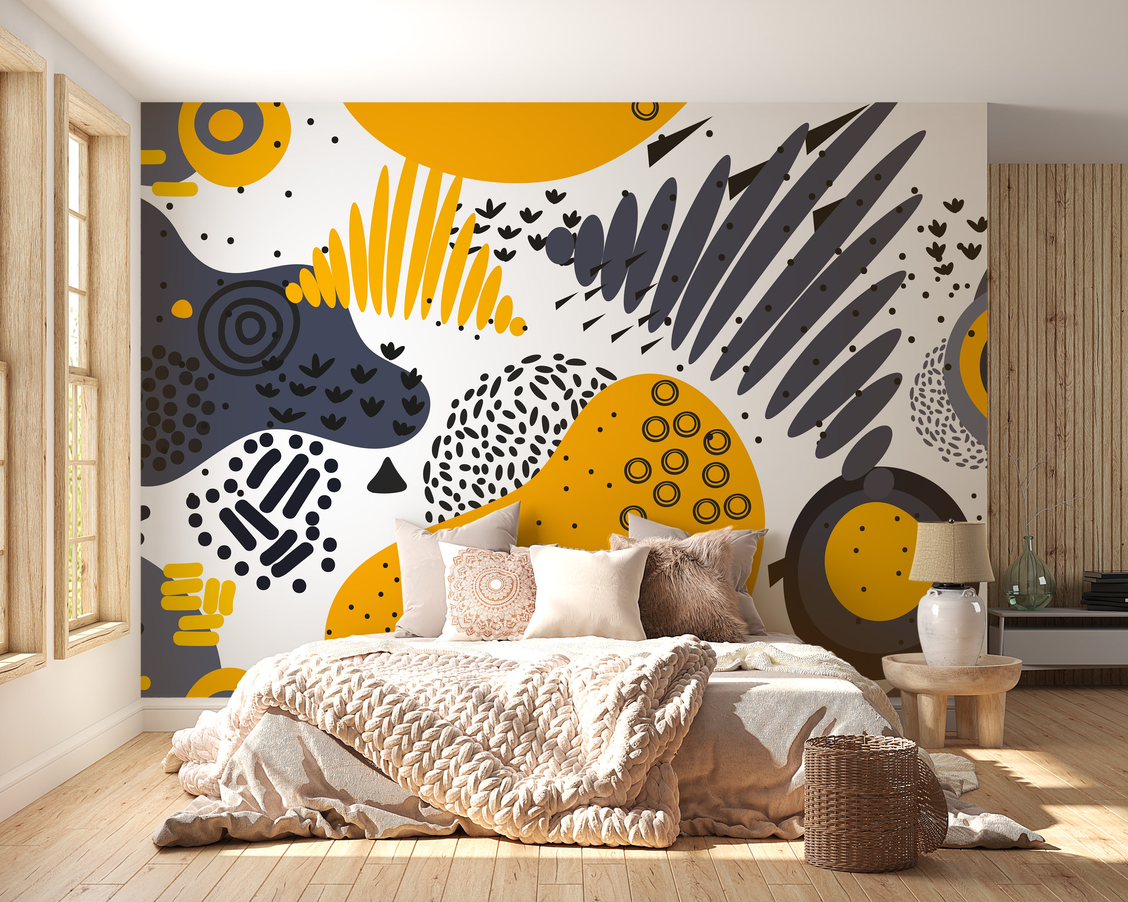 Vibrant shapes mural with modern patterns
