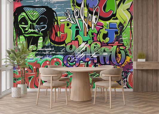 Bold and vibrant graffiti wall mural wallpaper for interiors.