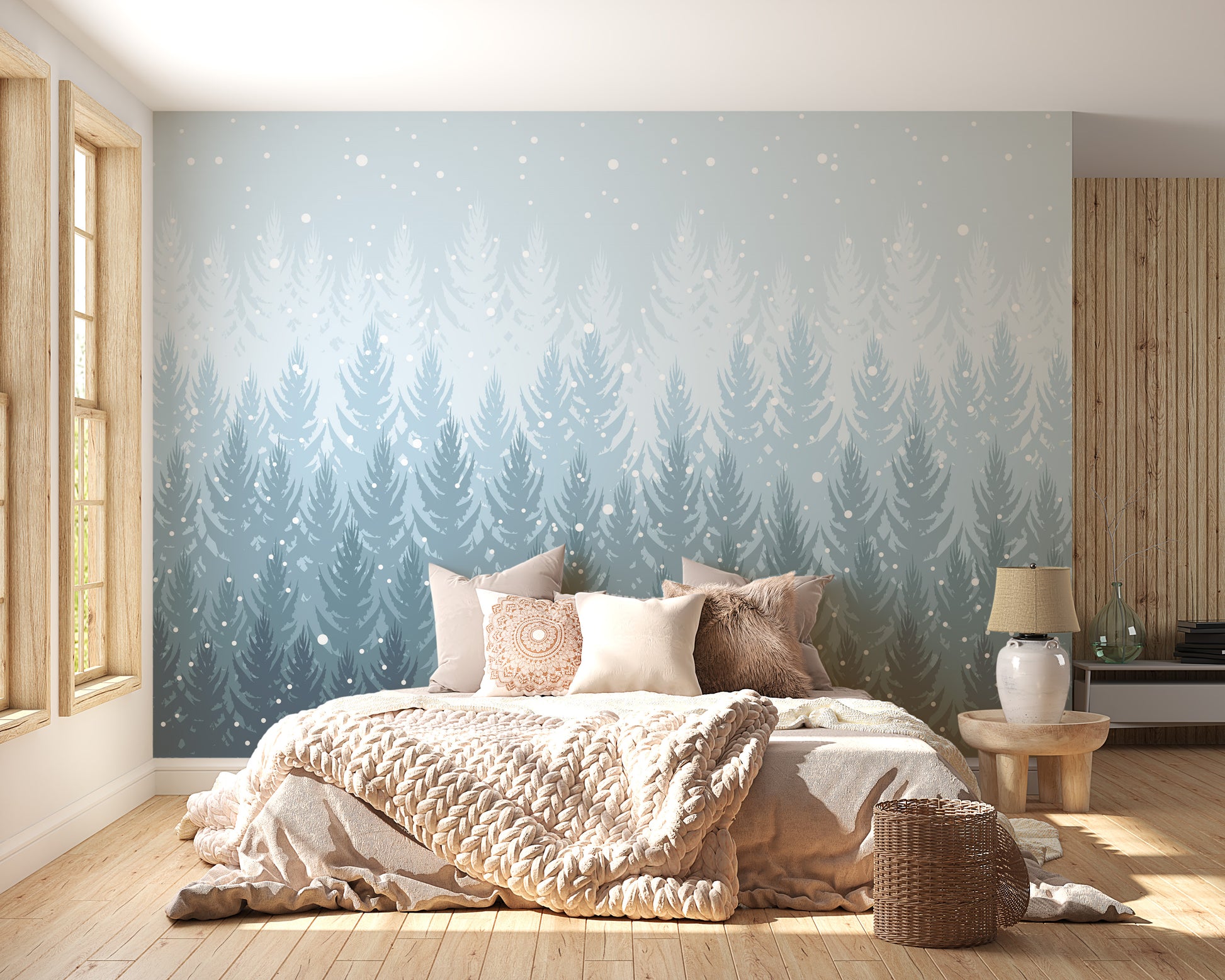 Elegant snowy pine mural wallpaper
