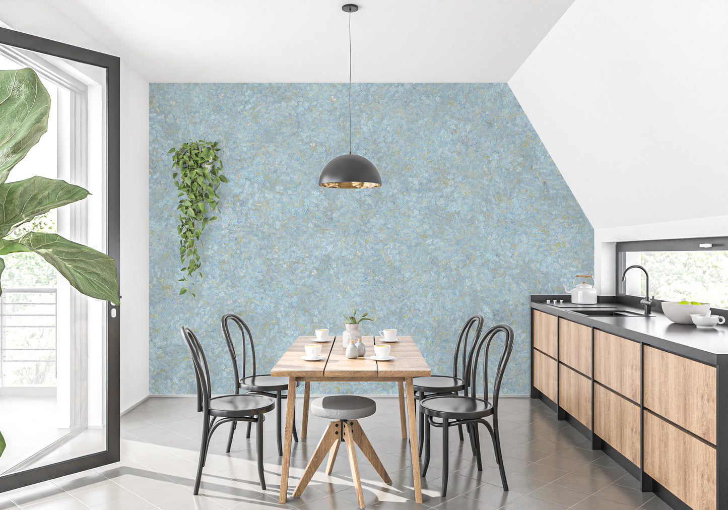 Soft Blue Floral Design Embroidery Wallpaper Murals