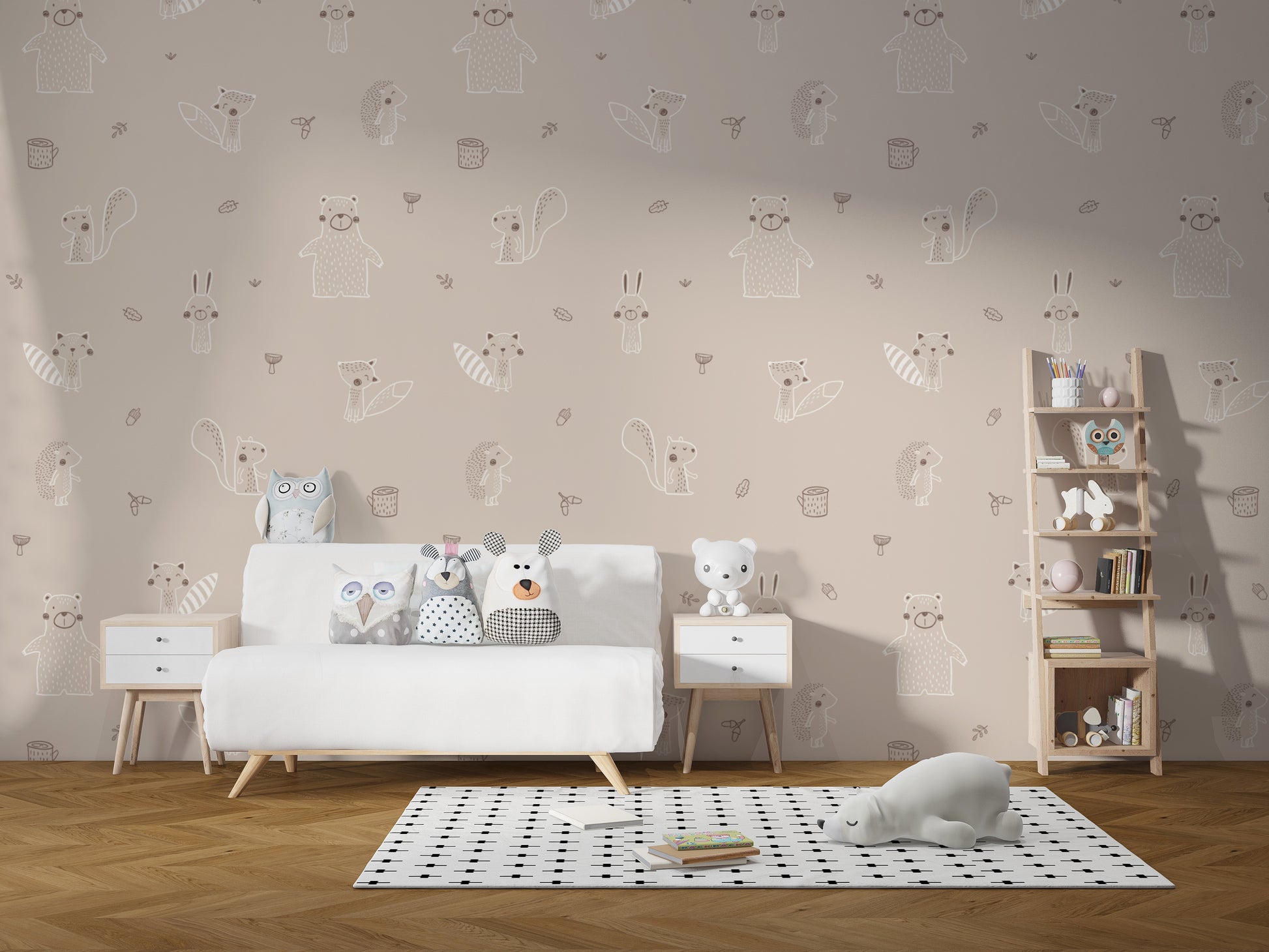 Neutral beige forest friends wallpaper for timeless decor.
