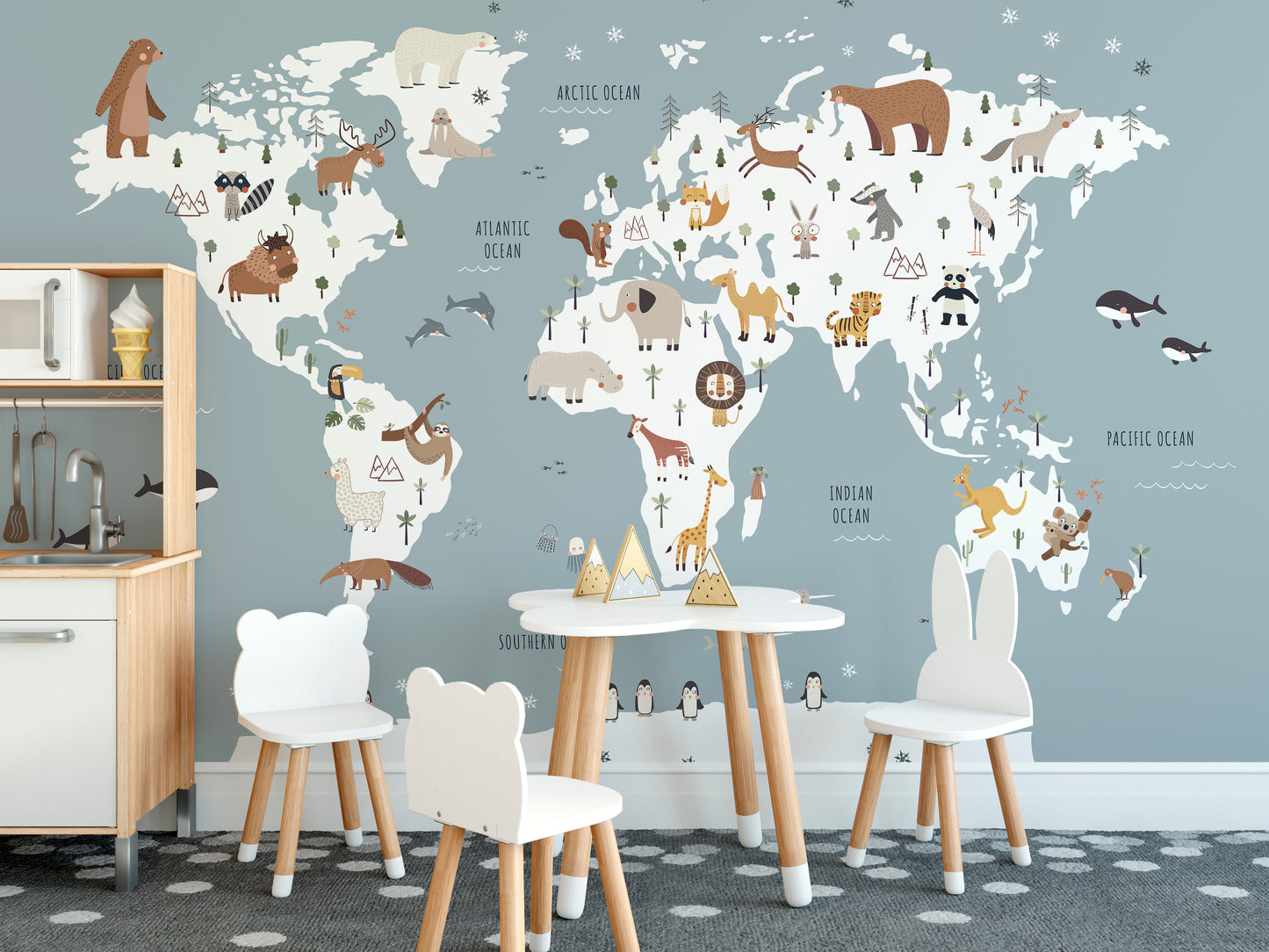 Child-friendly world map wallpaper with animals
