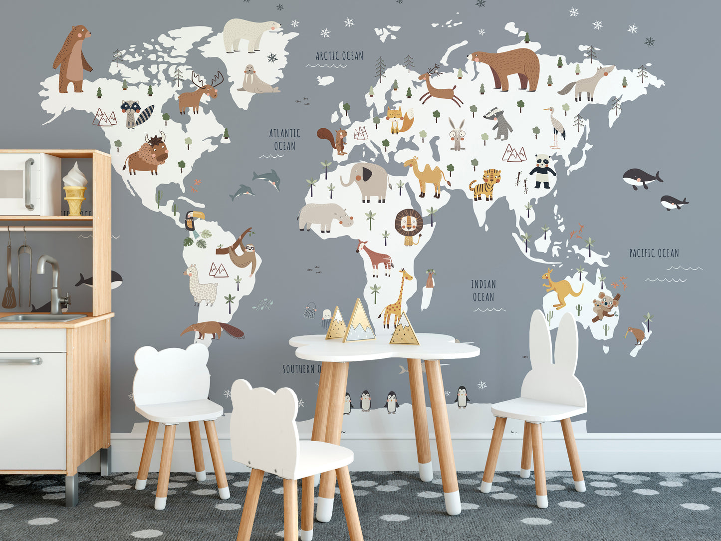 Fun wildlife map mural for nursery wall decor
