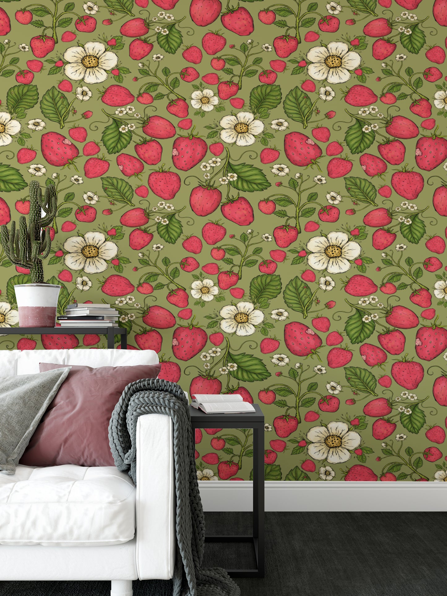 Pink strawberry pattern on fresh green wallpaper for charm.
