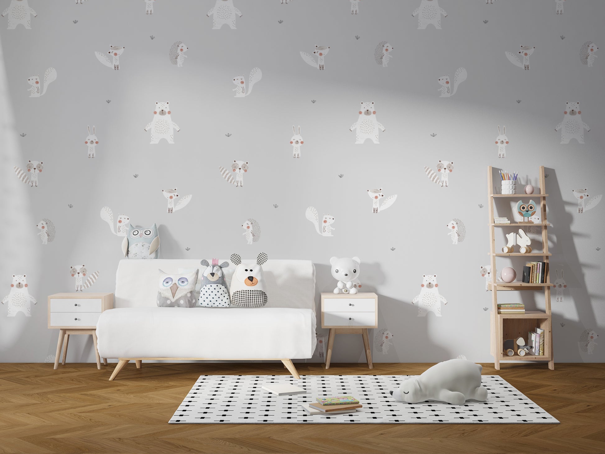 Cream baby forest friends wallpaper for a cozy nursery.
