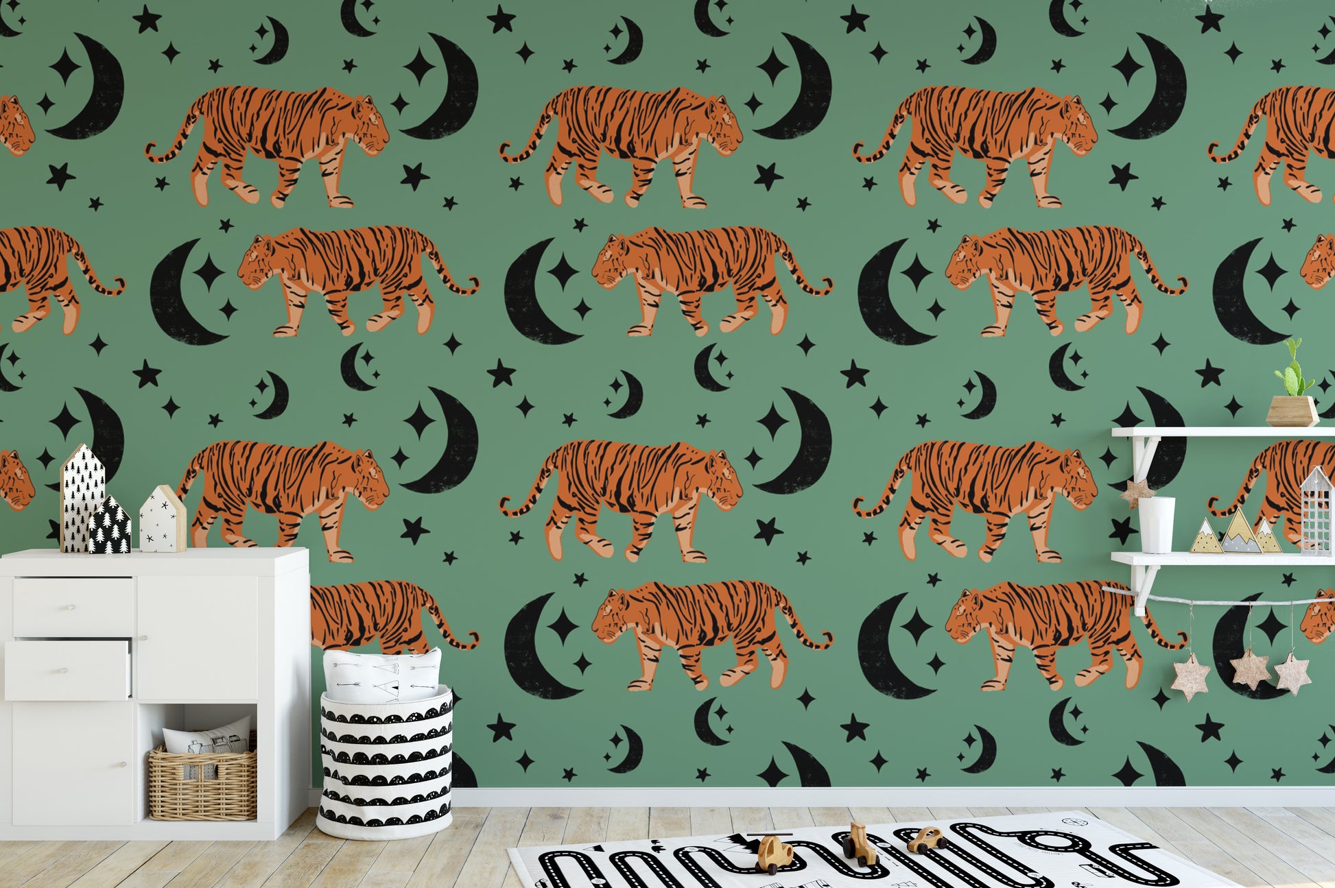 Tiger Moon Green Kids Room Wallpaper mural